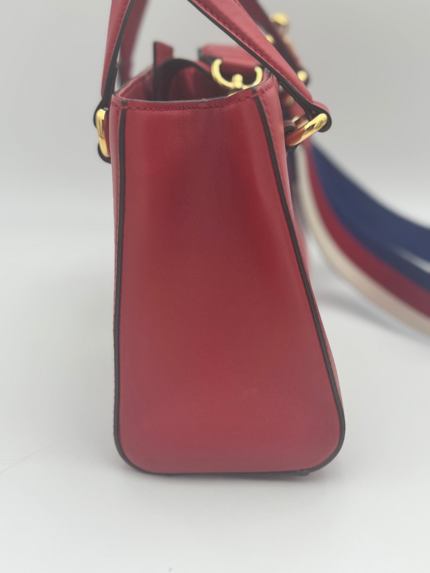 Gucci Sylvie Small Tote Bag | Red Leather | Web Stripe | Gold Chain Detail
