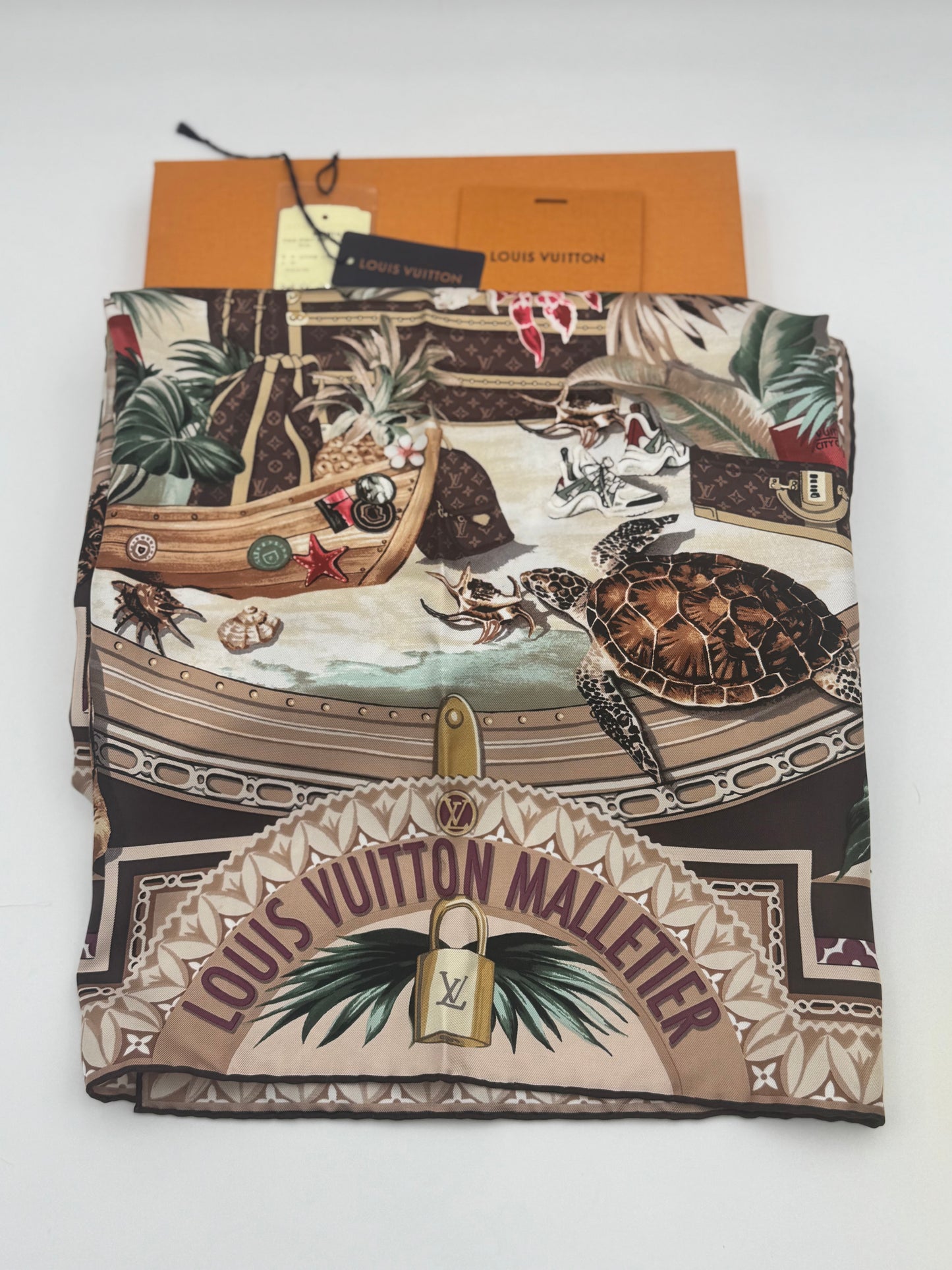 Louis Vuitton Voyager Silk Square Scarf | LV Malletier Tropical Print | New With Tags