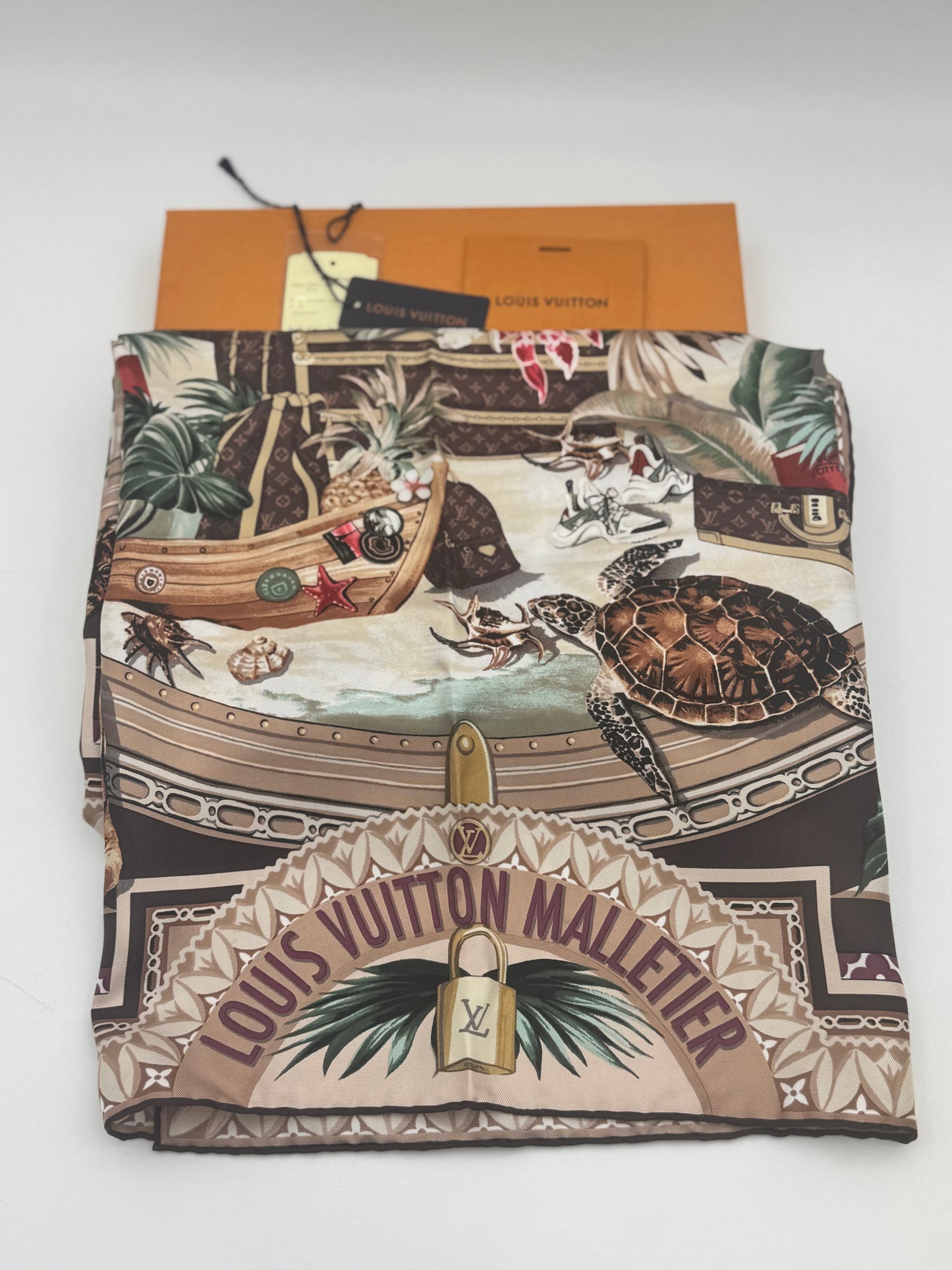 Louis Vuitton Voyager Silk Square Scarf | LV Malletier Tropical Print | New With Tags