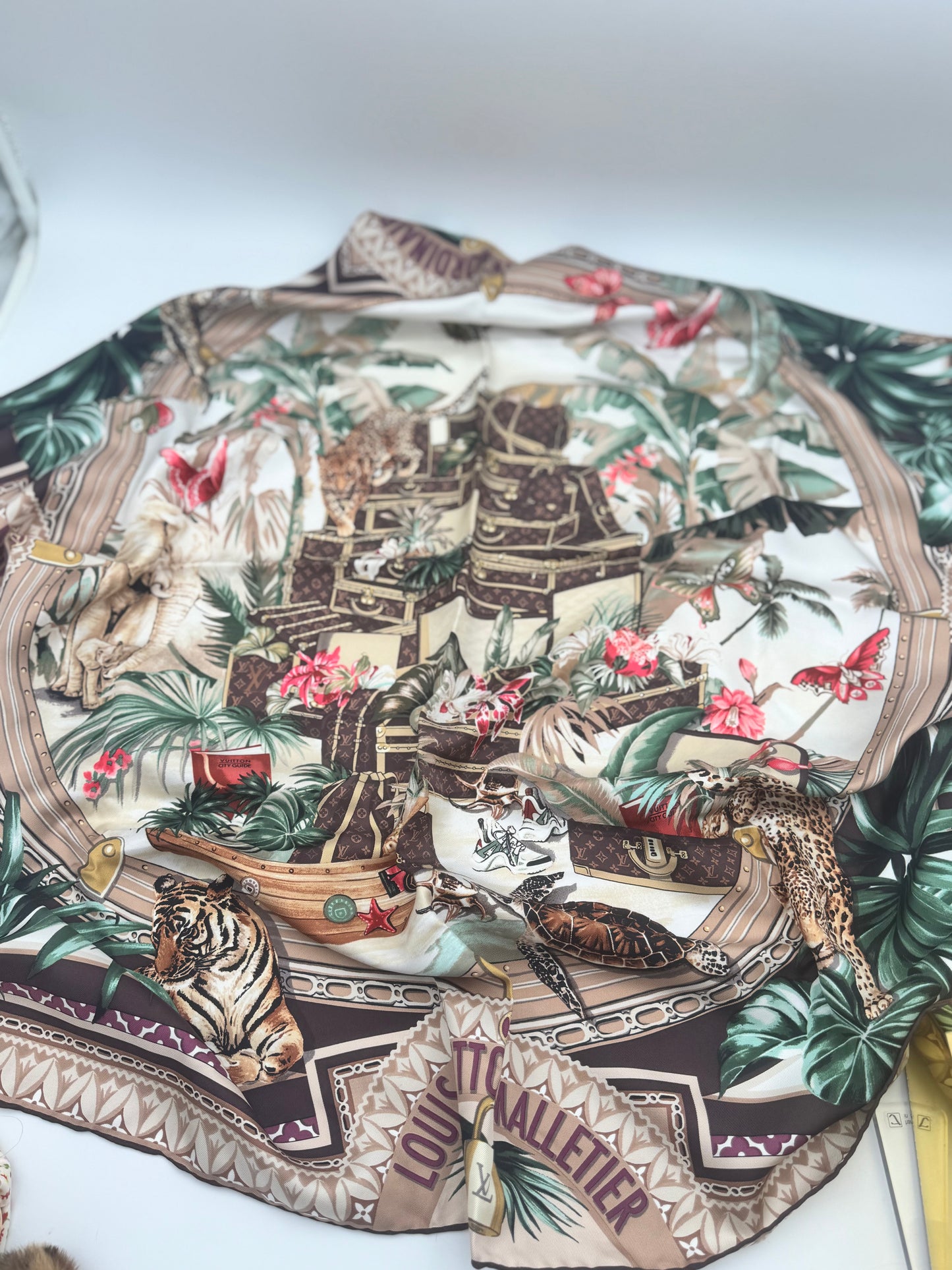 Louis Vuitton Voyager Silk Square Scarf | LV Malletier Tropical Print | New With Tags