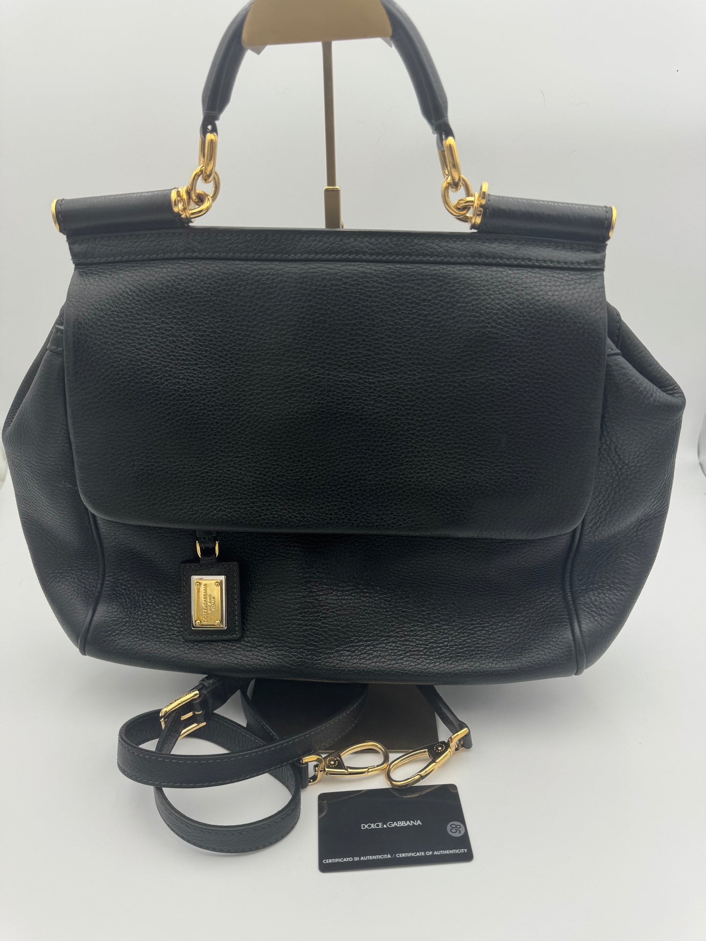 Dolce & Gabbana Large Sicily Bag | Black Textured Leather | Gold Hardware | COA