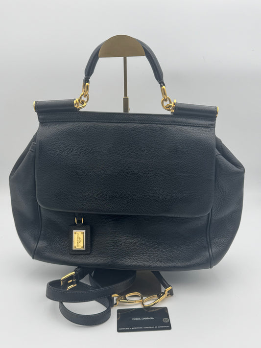 Dolce & Gabbana Large Sicily Bag | Black Textured Leather | Gold Hardware | COA
