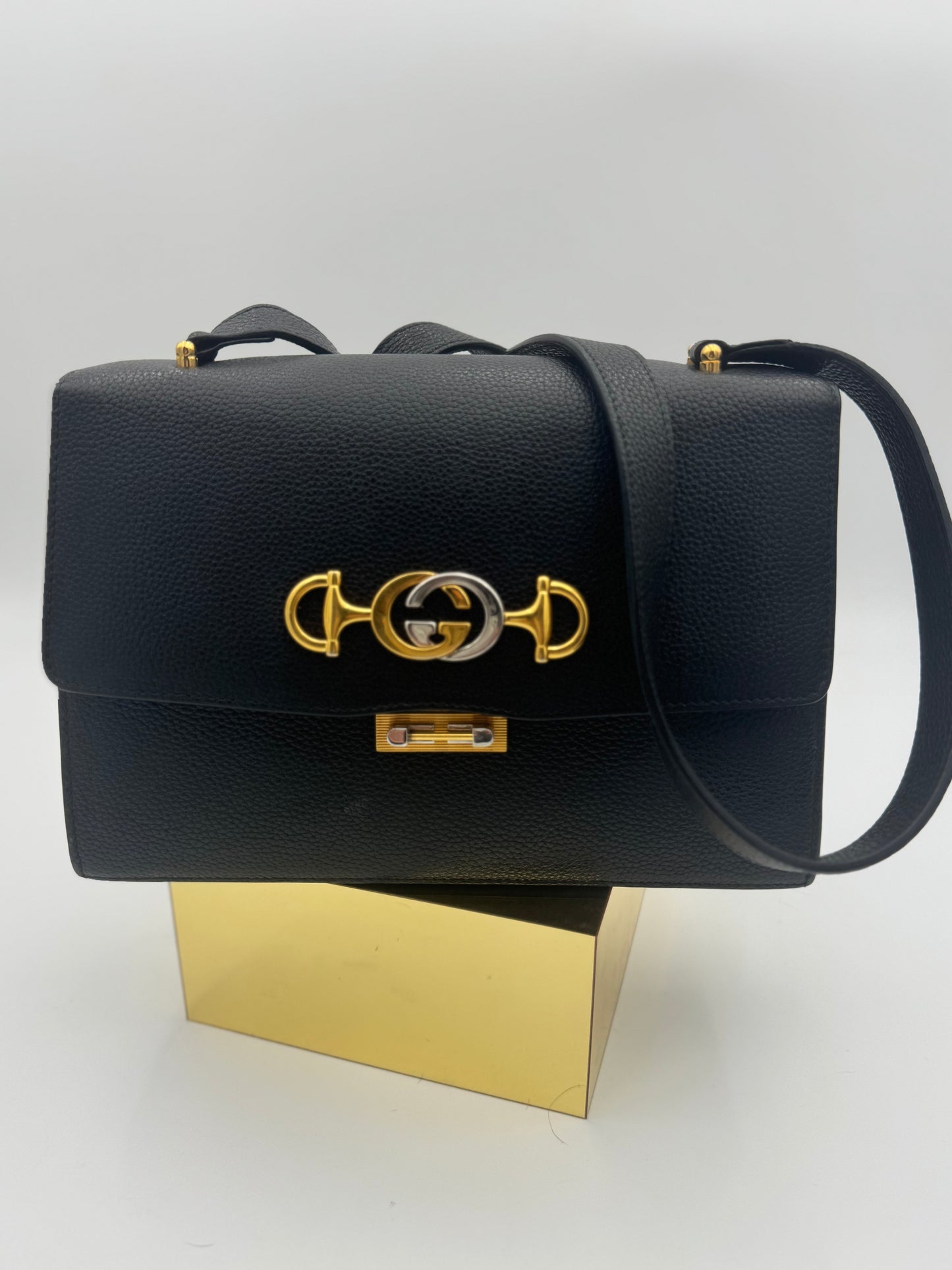 Gucci Zumi Small Shoulder Bag | Black Grainy Leather | Horsebit-GG Closure | Discontinued Style
