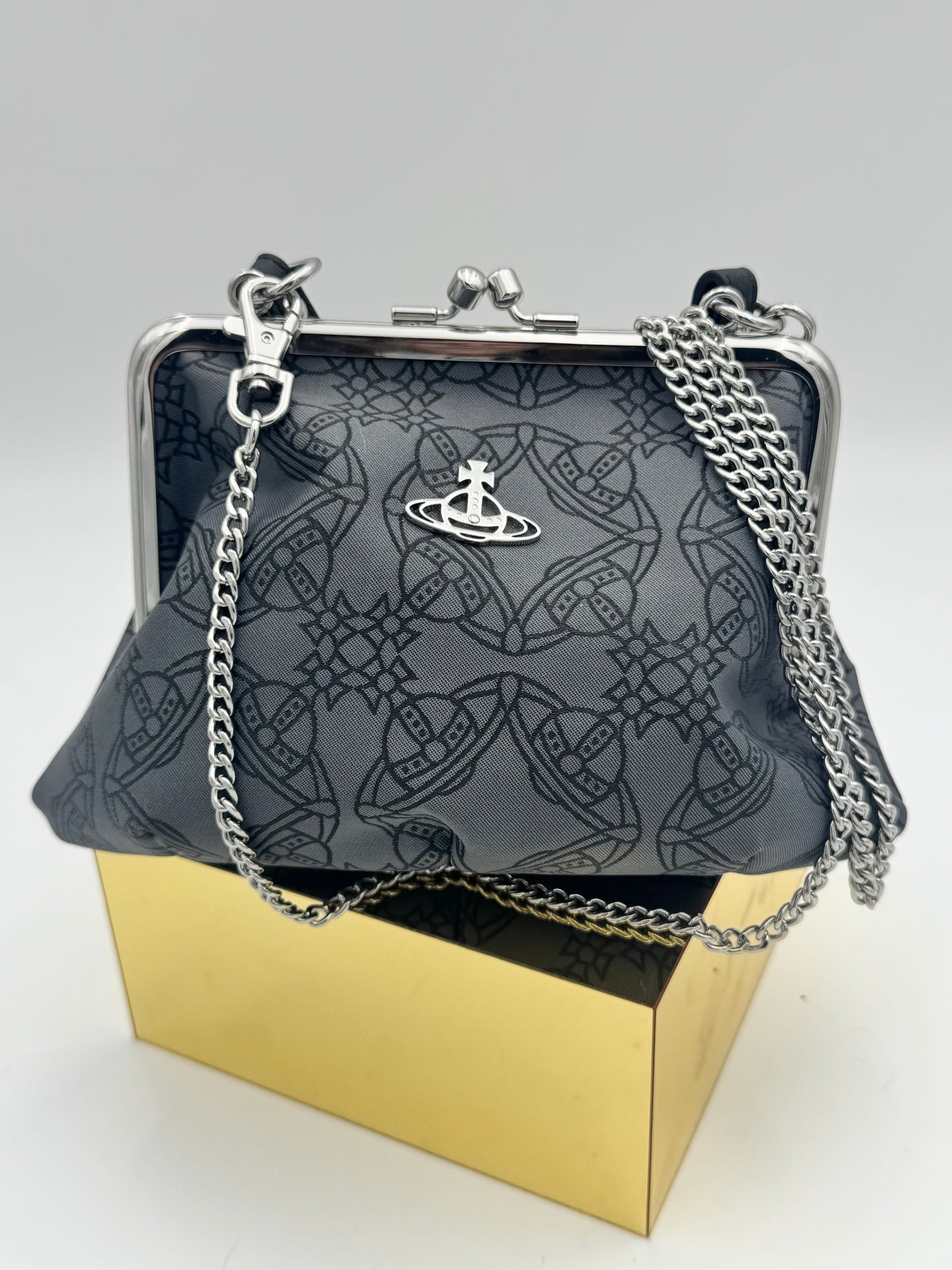 Vivienne Westwood Granny Frame Bag | Black Orb Monogram Canvas | Silver Chain | Kiss-Lock Closure