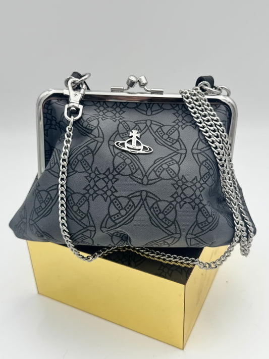 Vivienne Westwood Granny Frame Bag | Black Orb Monogram Canvas | Silver Chain | Kiss-Lock Closure