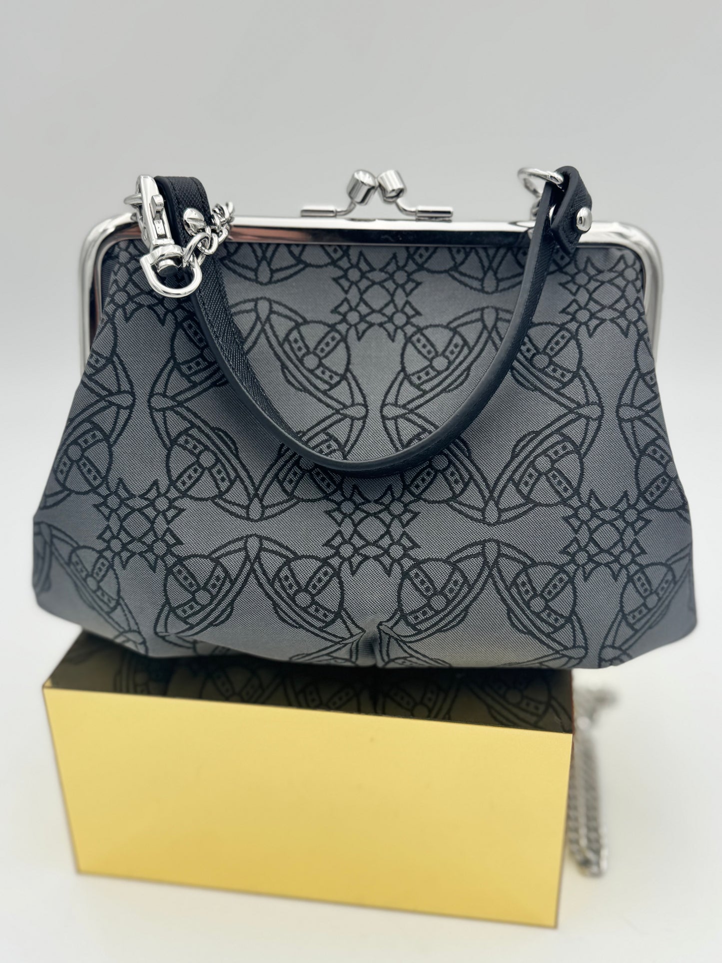Vivienne Westwood Granny Frame Bag | Black Orb Monogram Canvas | Silver Chain | Kiss-Lock Closure