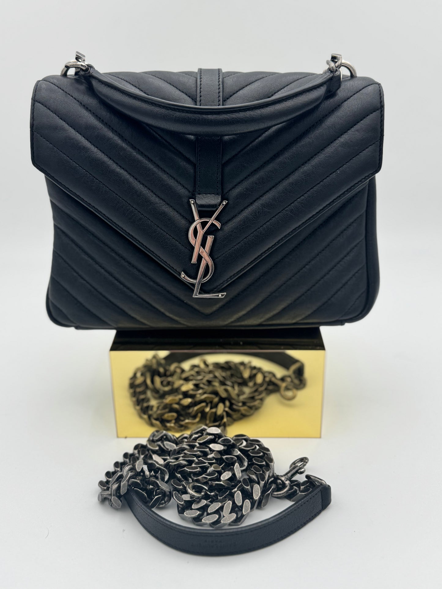Saint Laurent College Medium Bag – Black Chevron Quilted Calfskin & Silver Hardware | Authentic YSL