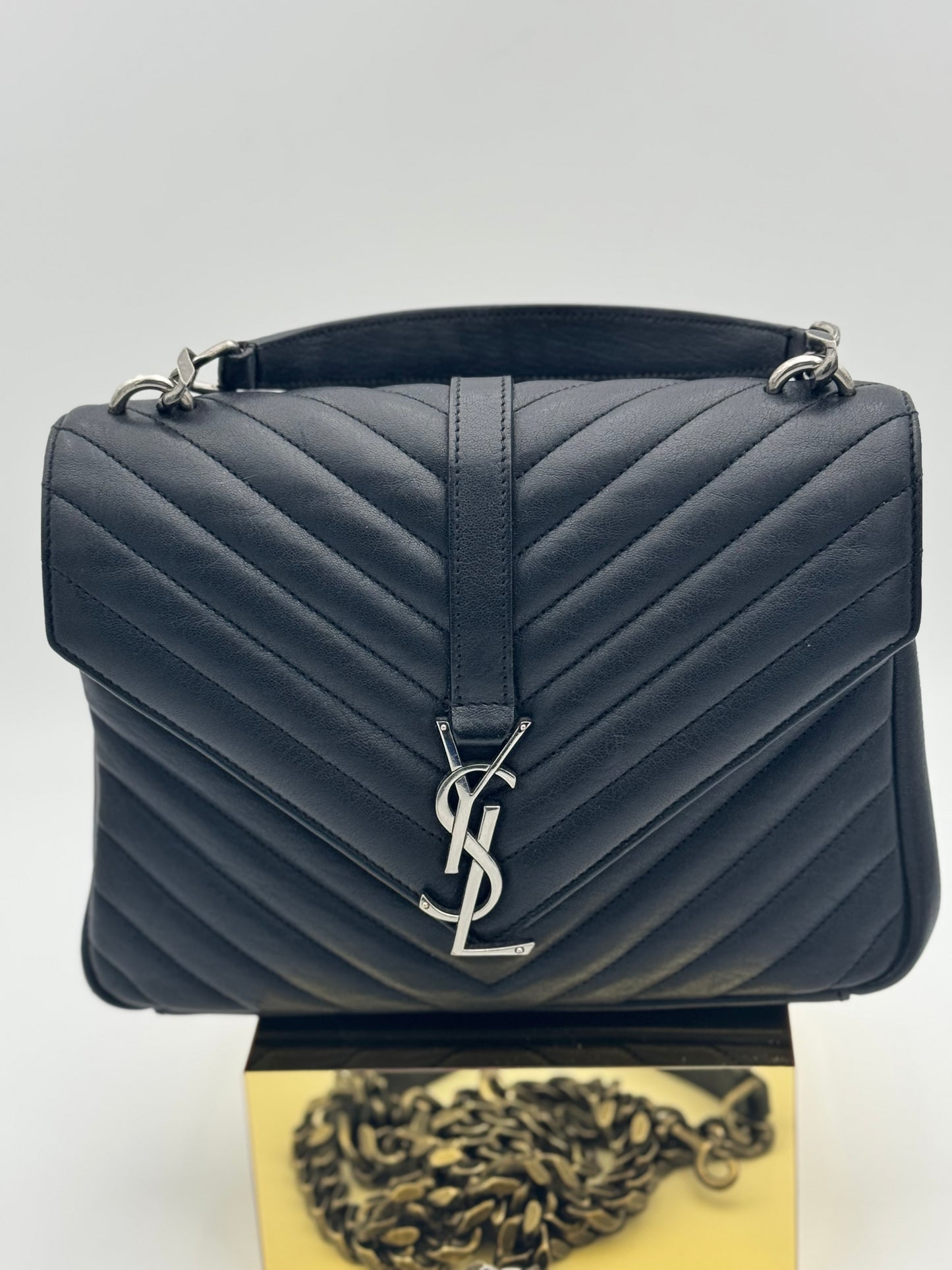 Saint Laurent College Medium Bag – Black Chevron Quilted Calfskin & Silver Hardware | Authentic YSL