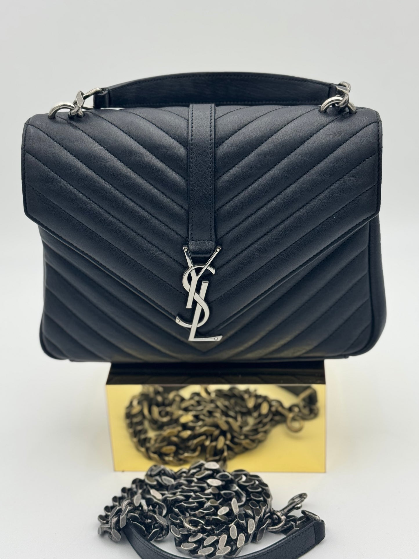 Saint Laurent College Medium Bag – Black Chevron Quilted Calfskin & Silver Hardware | Authentic YSL