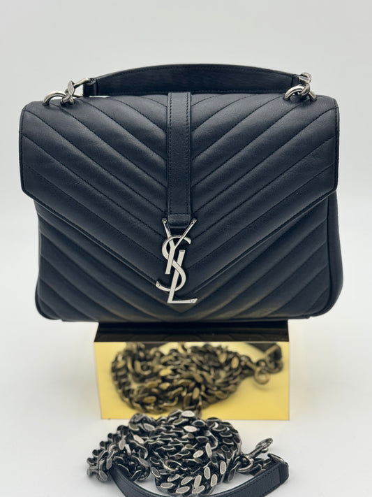 Saint Laurent College Medium Bag – Black Chevron Quilted Calfskin & Silver Hardware | Authentic YSL