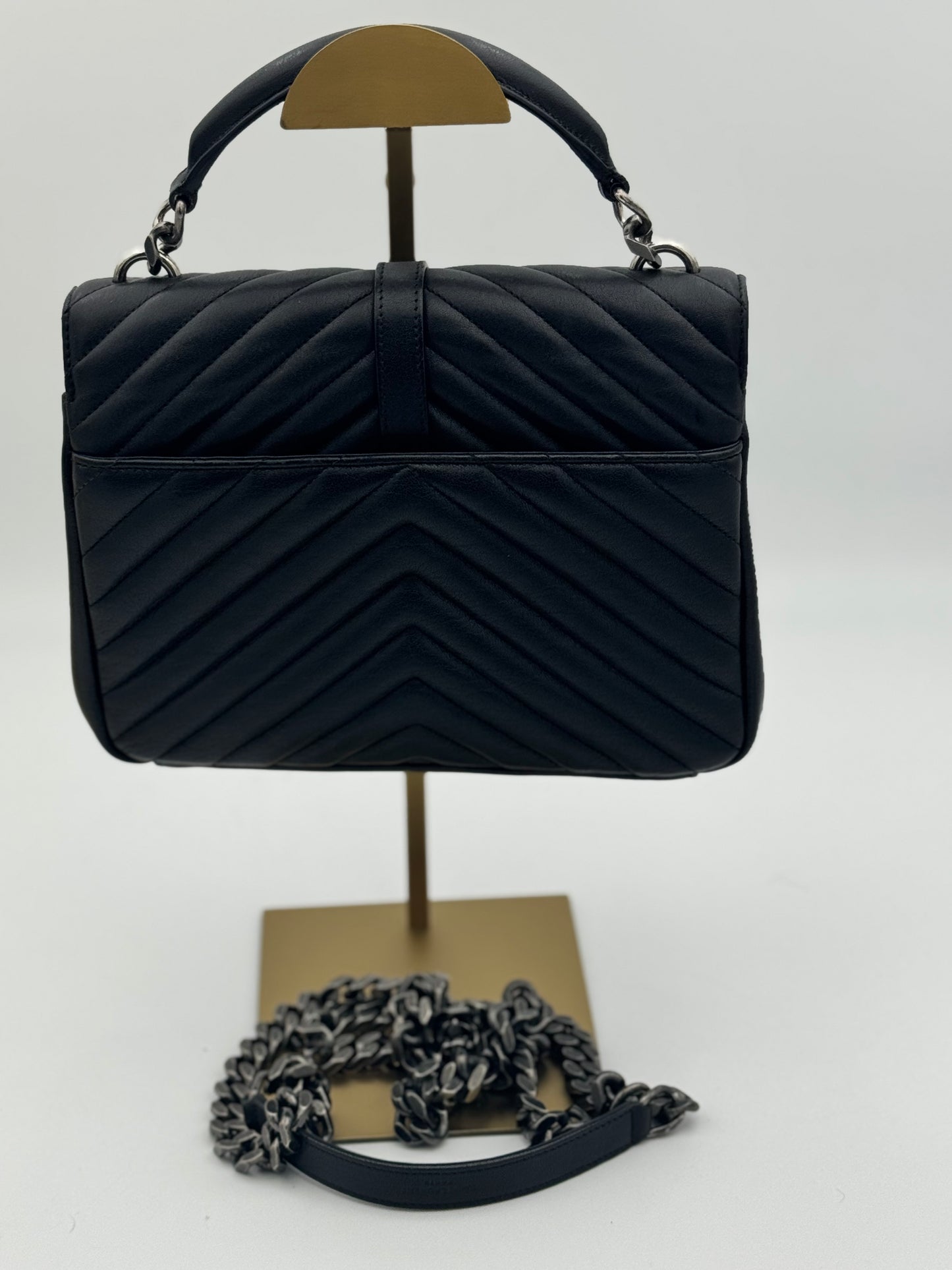 Saint Laurent College Medium Bag – Black Chevron Quilted Calfskin & Silver Hardware | Authentic YSL
