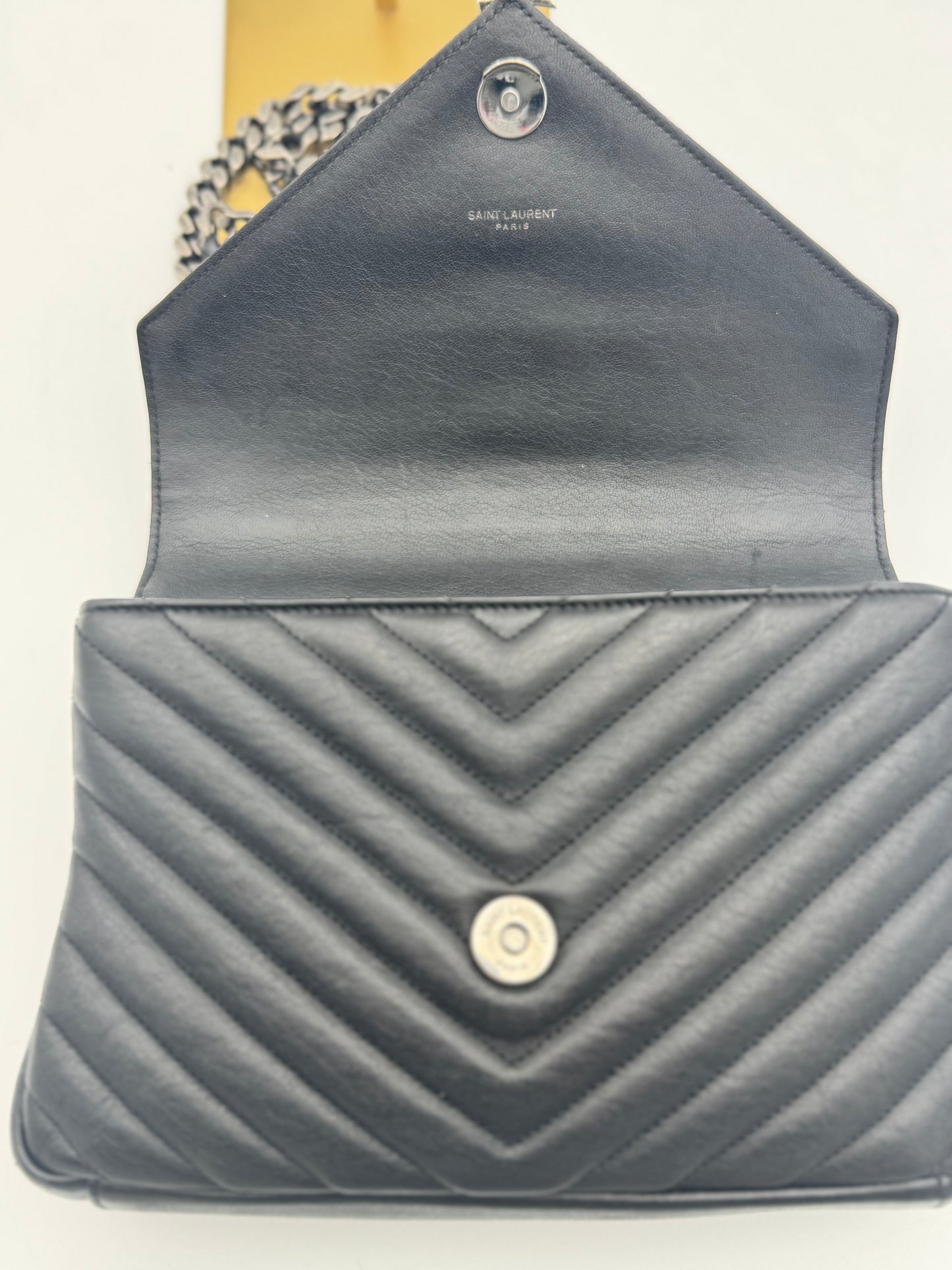 Saint Laurent College Medium Bag – Black Chevron Quilted Calfskin & Silver Hardware | Authentic YSL
