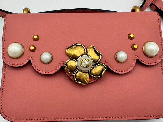 Gucci Peony Scallop Crossbody Bag | Dusty Rose Leather | Pearl Embellishments