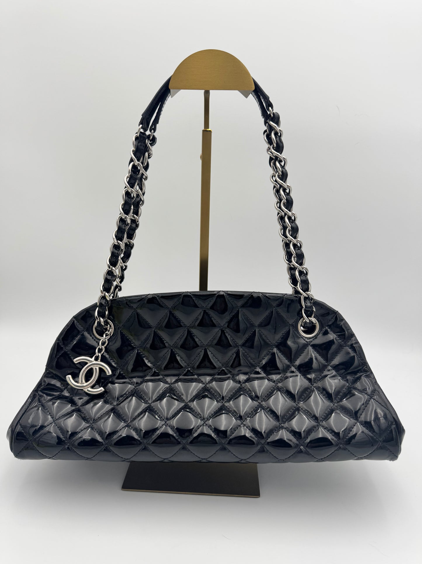 Chanel Just Mademoiselle Bowler Bag – Black Patent Leather, Silver Hardware