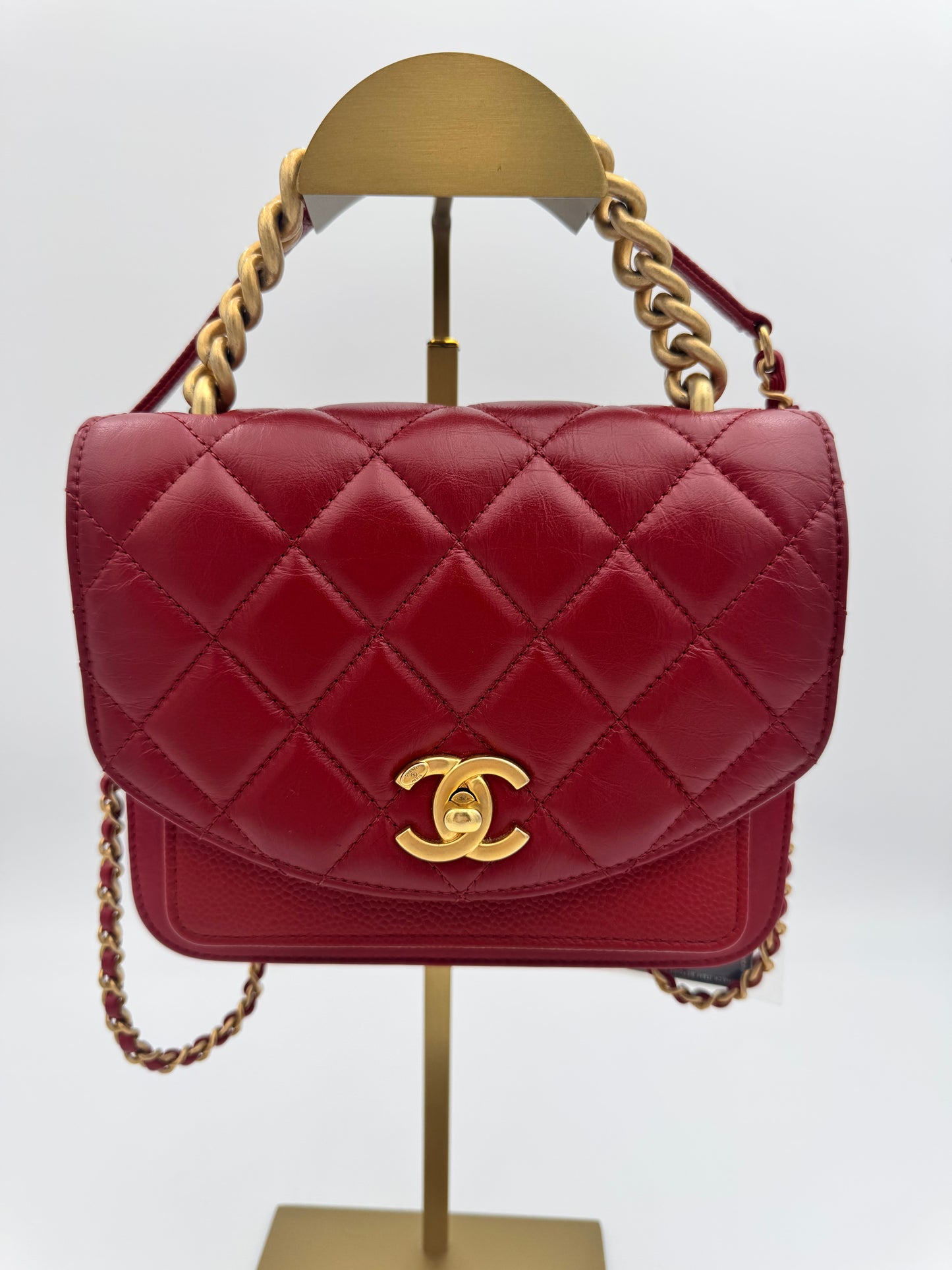 Chanel Mixed Leather Quilted Chain Handle Flap Bag – Red