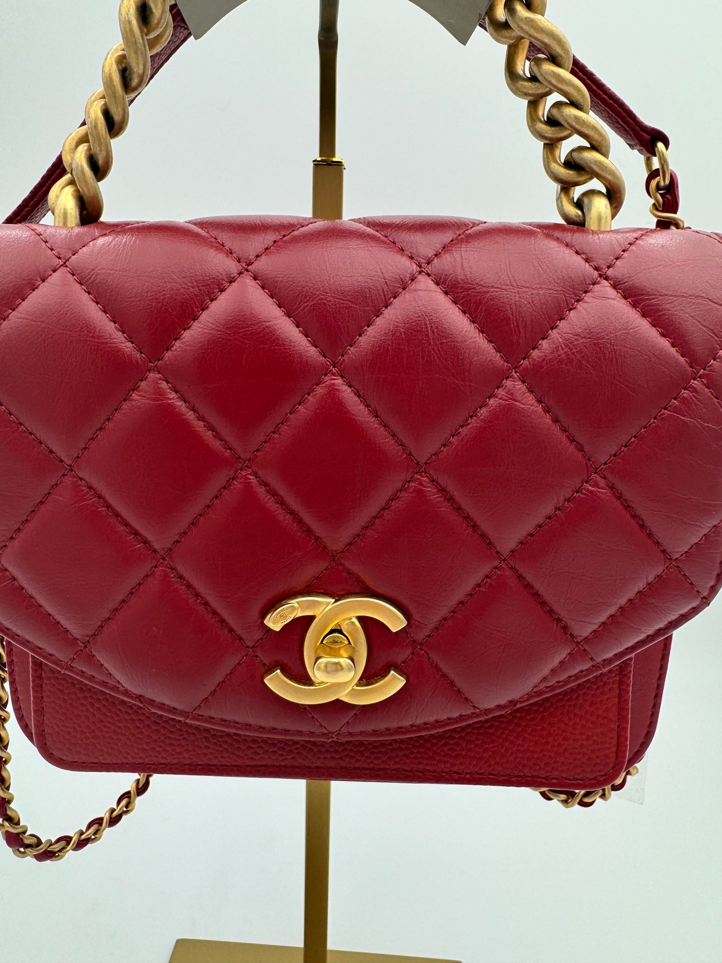 Chanel Mixed Leather Quilted Chain Handle Flap Bag – Red