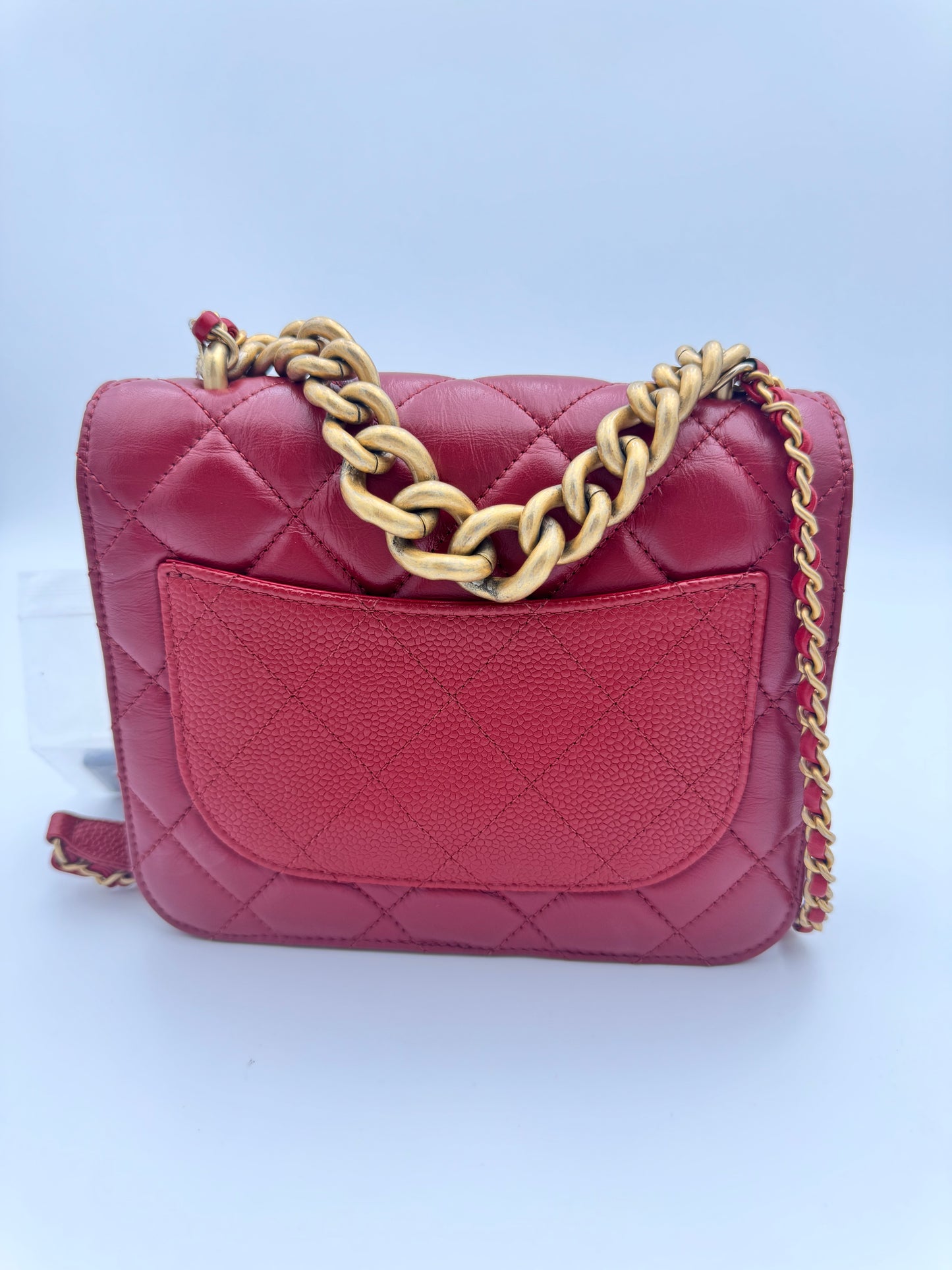 Chanel Mixed Leather Quilted Chain Handle Flap Bag – Red
