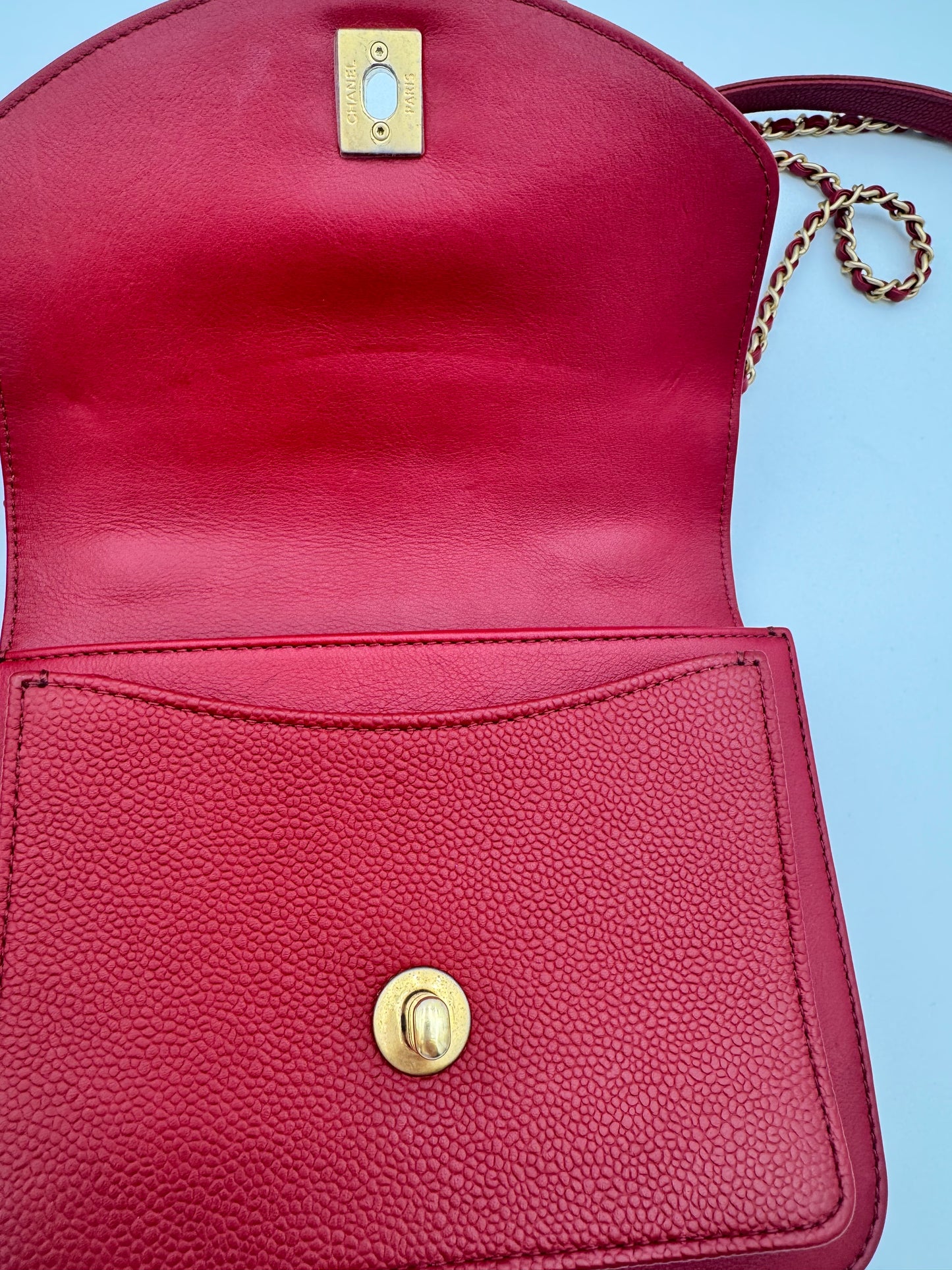 Chanel Mixed Leather Quilted Chain Handle Flap Bag – Red