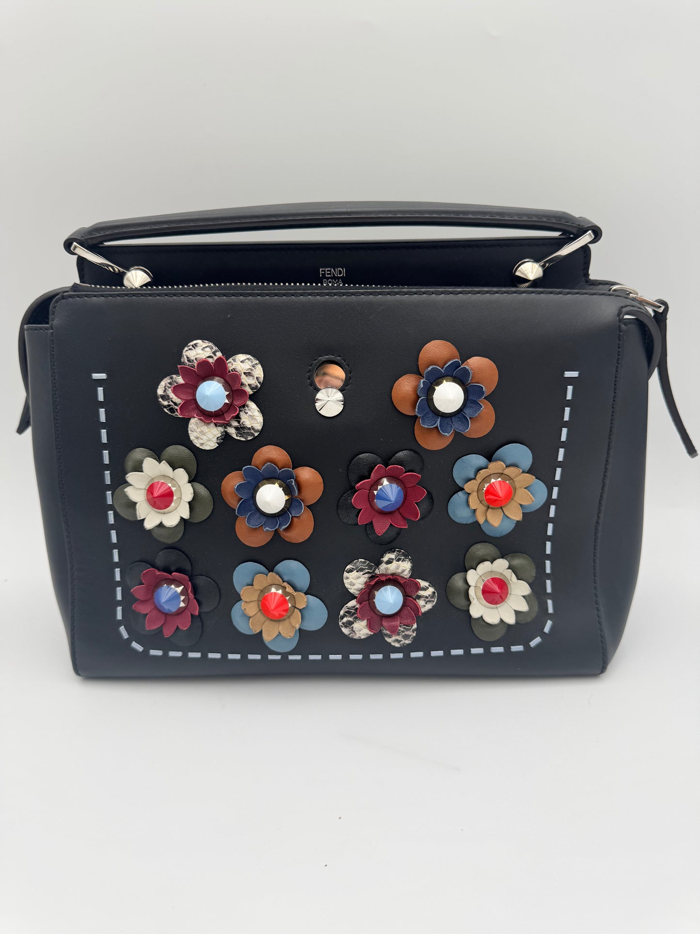 Fendi DotCom Medium Flowerland Satchel - Black Calfskin | Floral Appliqué | Rare Floral Strap