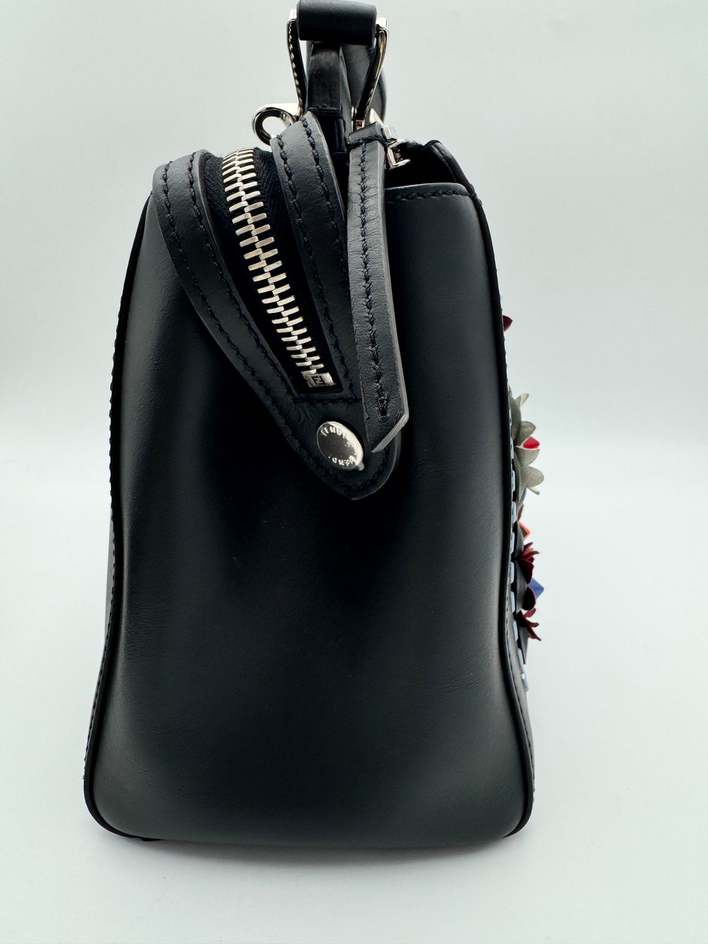 Fendi DotCom Medium Flowerland Satchel - Black Calfskin | Floral Appliqué | Rare Floral Strap