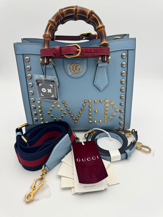 Gucci Diana Small Tote – Light Blue LOVED Stud Embellishment Bamboo Handle Full Set