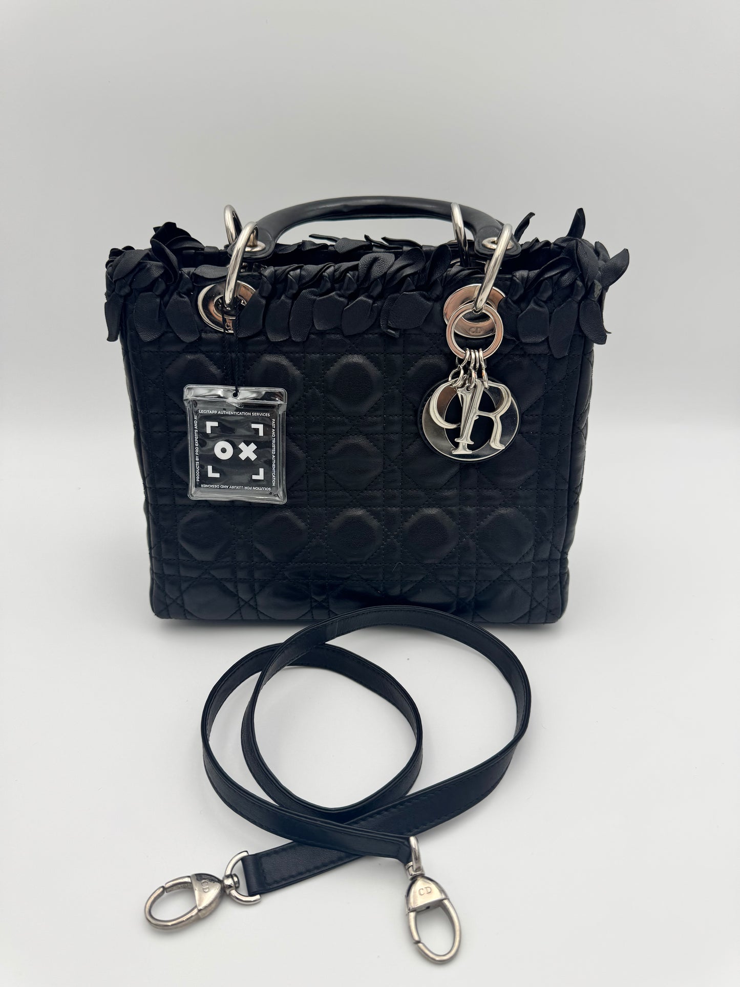 Christian Dior Lady Dior Medium – Black Leather Petal Appliqué Silver Hardware