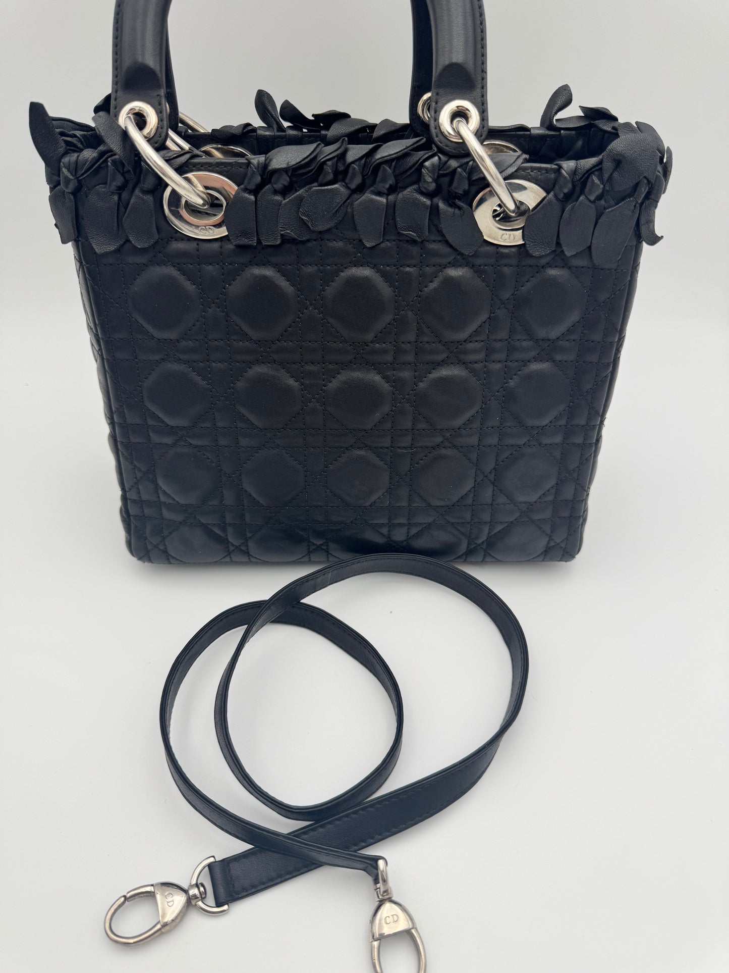 Christian Dior Lady Dior Medium – Black Leather Petal Appliqué Silver Hardware
