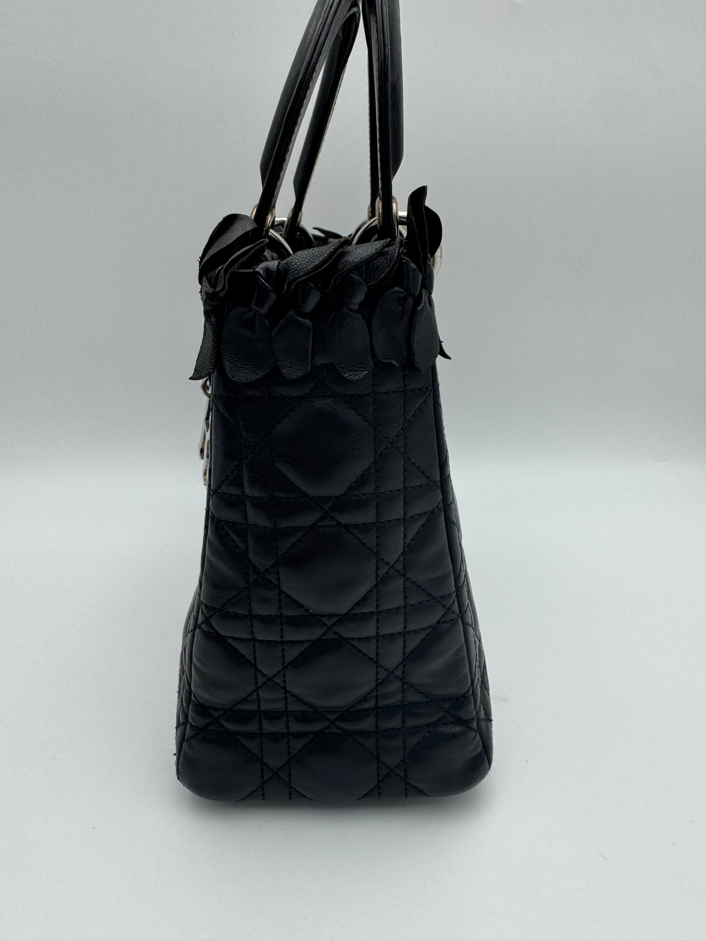 Christian Dior Lady Dior Medium – Black Leather Petal Appliqué Silver Hardware
