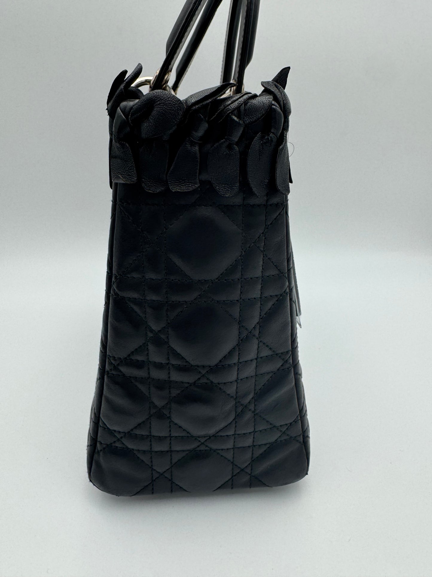 Christian Dior Lady Dior Medium – Black Leather Petal Appliqué Silver Hardware