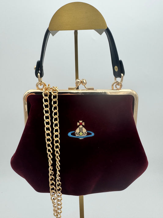 Vivienne Westwood Orb Velvet Granny Frame Bag Burgundy Gold Chain