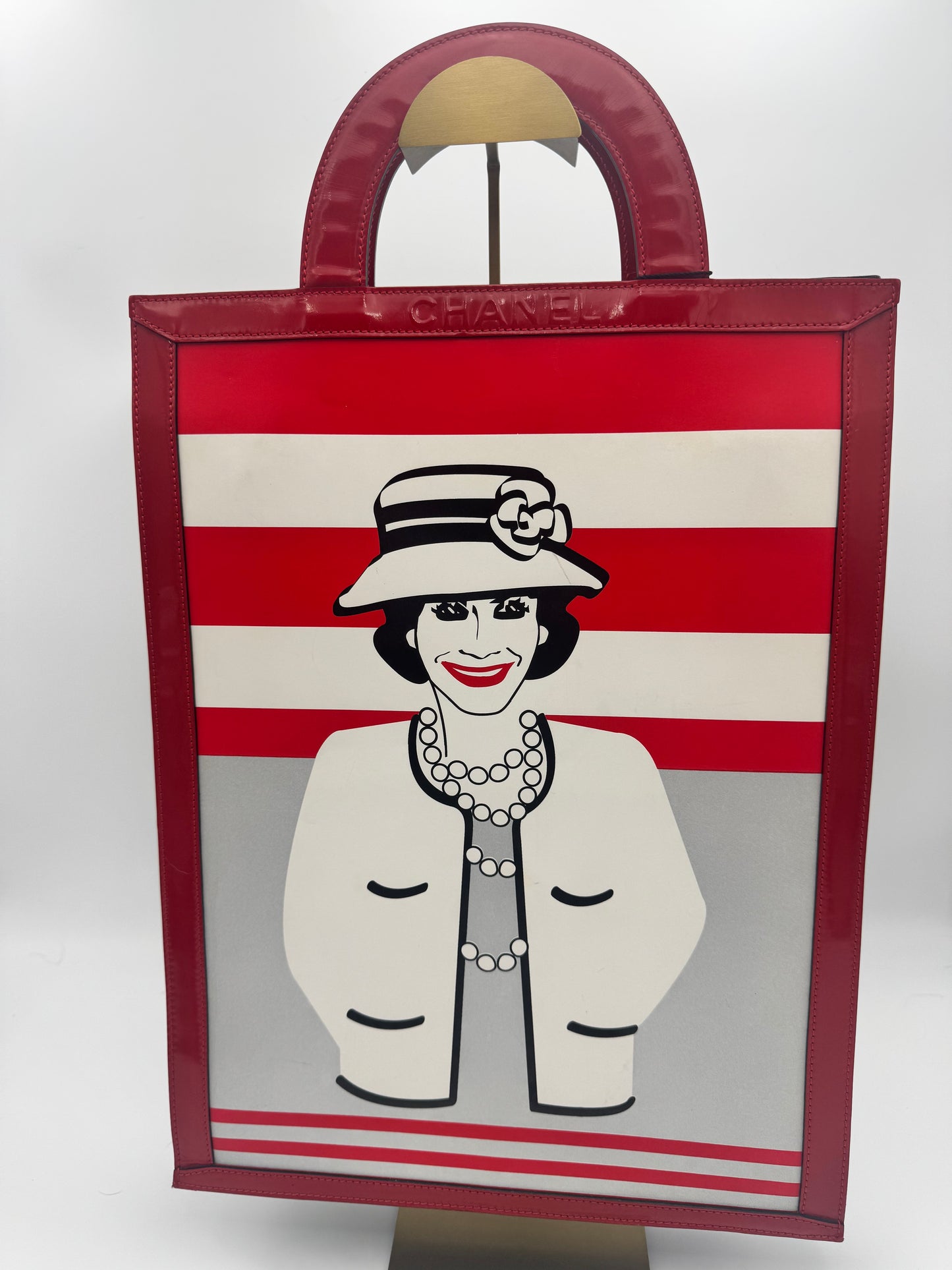 Chanel Coco Portrait Stripe Tote Bag Red White Patent Leather