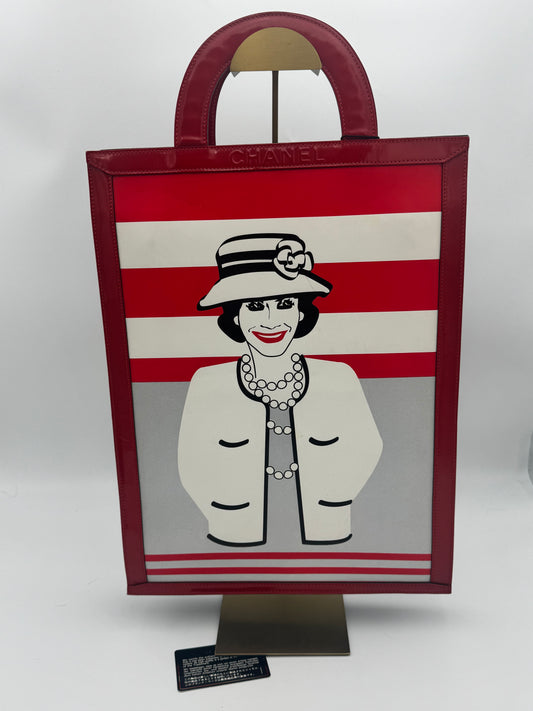 Chanel Coco Portrait Stripe Tote Bag Red White Patent Leather