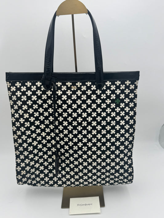 YSL Yves Saint Laurent Black White Floral Jacquard Tote Bag