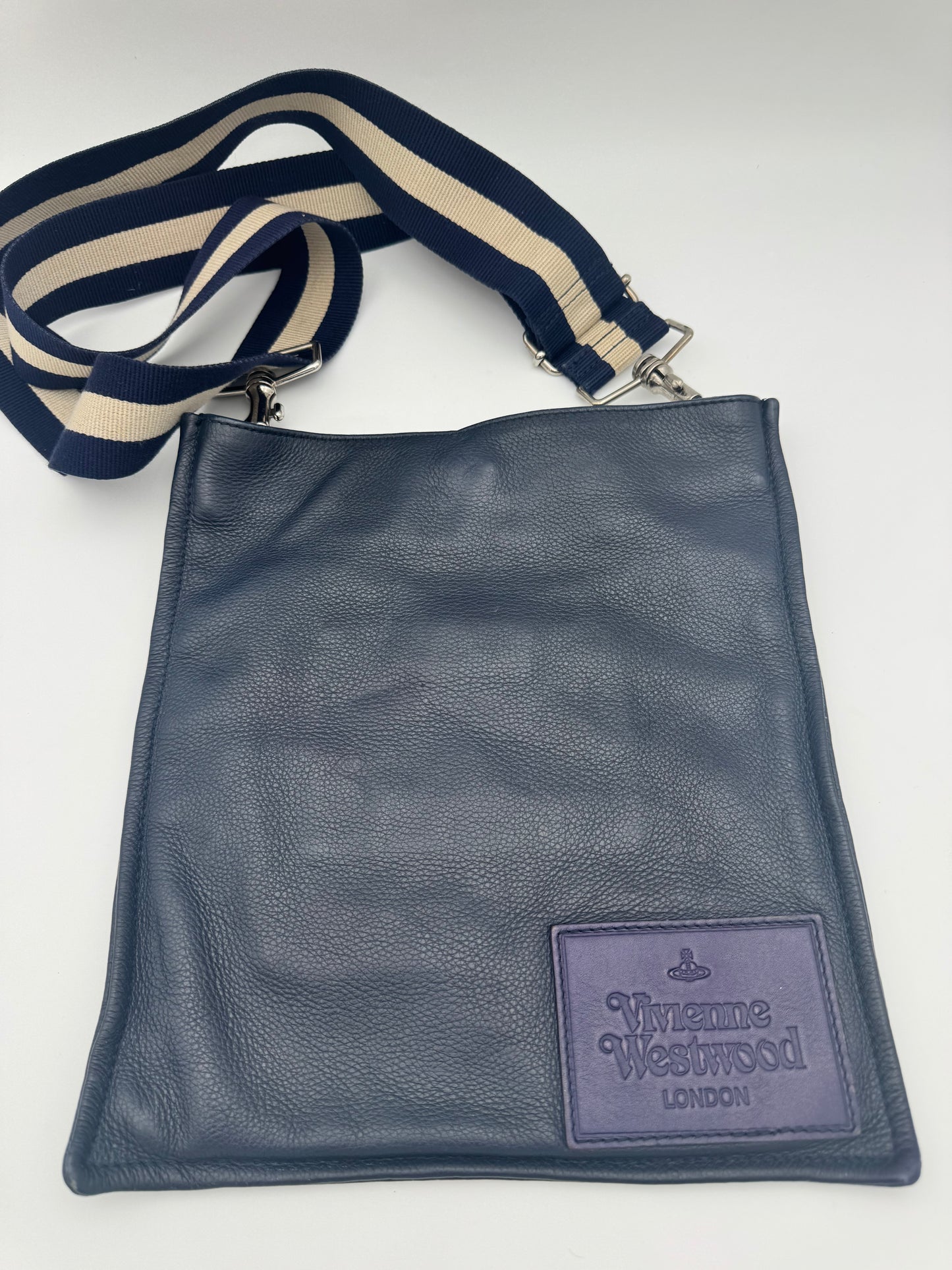 Vivienne Westwood London Soft Leather Crossbody Messenger Bag | Navy Blue Pebbled Leather