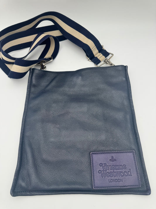 Vivienne Westwood London Soft Leather Crossbody Messenger Bag | Navy Blue Pebbled Leather
