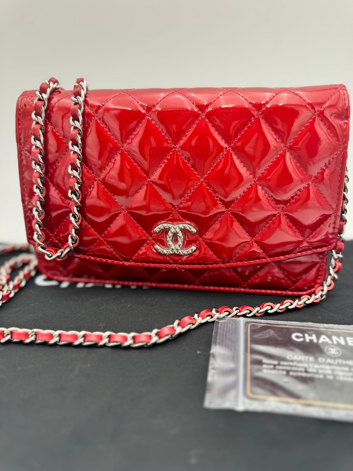 Chanel Brilliant Wallet on Chain – Red Diamond-Quilted Patent Leather