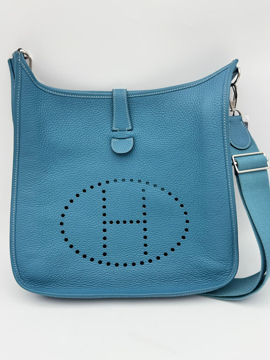 Hermès Evelyne III PM Clemence Leather Crossbody | Blue | Palladium Hardware