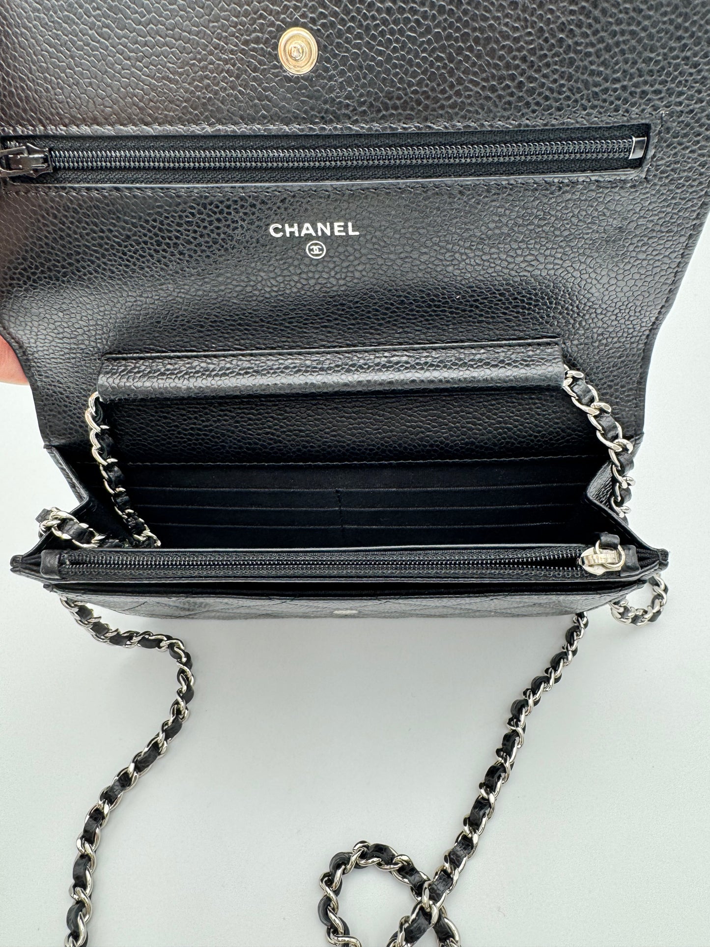 Chanel Classic Wallet on Chain (WOC) - Black Caviar Leather Silver Hardware (Excellent Condition)