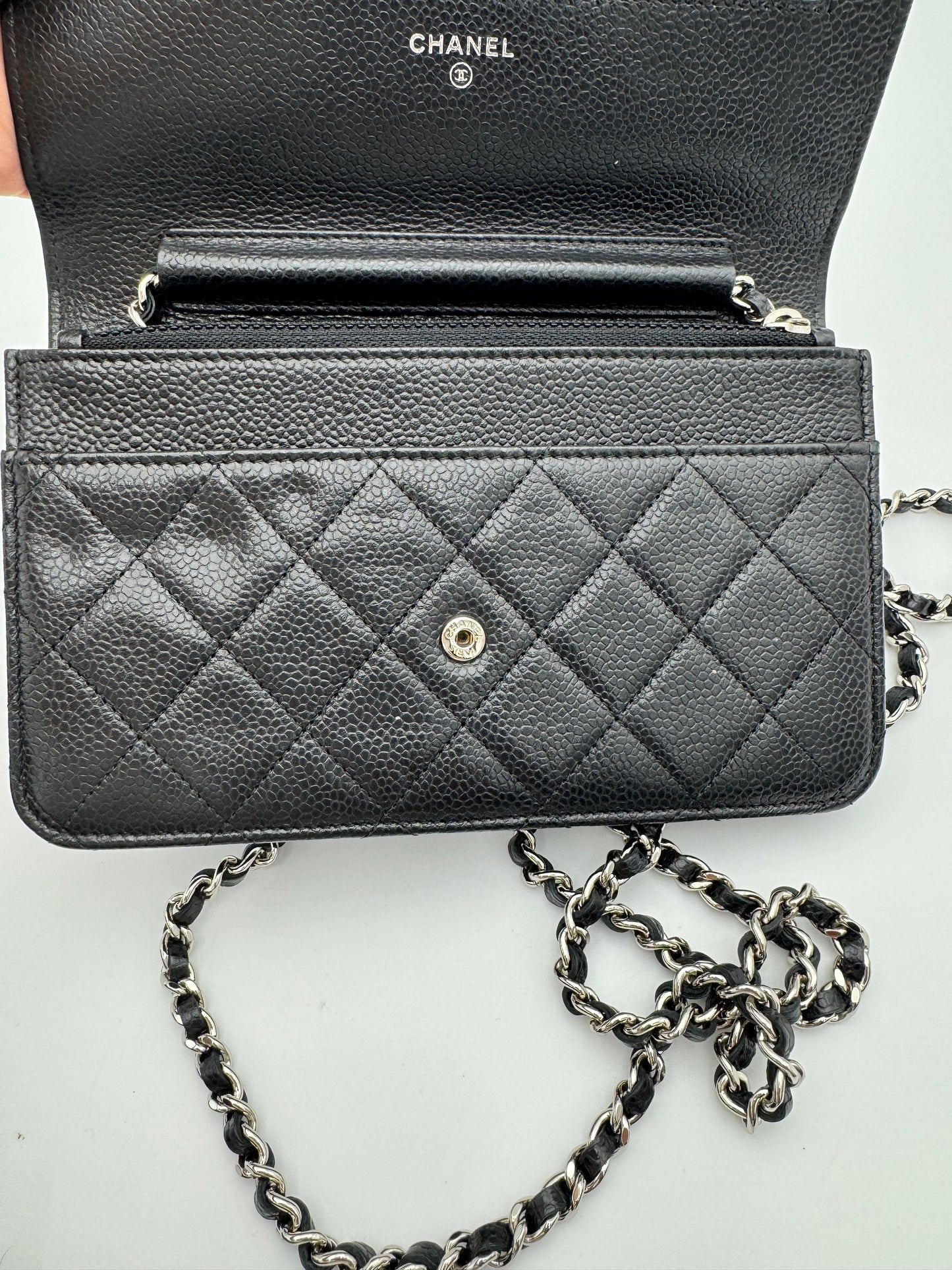 Chanel Classic Wallet on Chain (WOC) - Black Caviar Leather Silver Hardware (Excellent Condition)