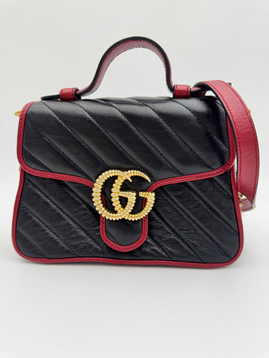 Gucci GG Marmont Torchon Mini Top Handle Bag - Black Quilted Leather with Cerise Red Trim