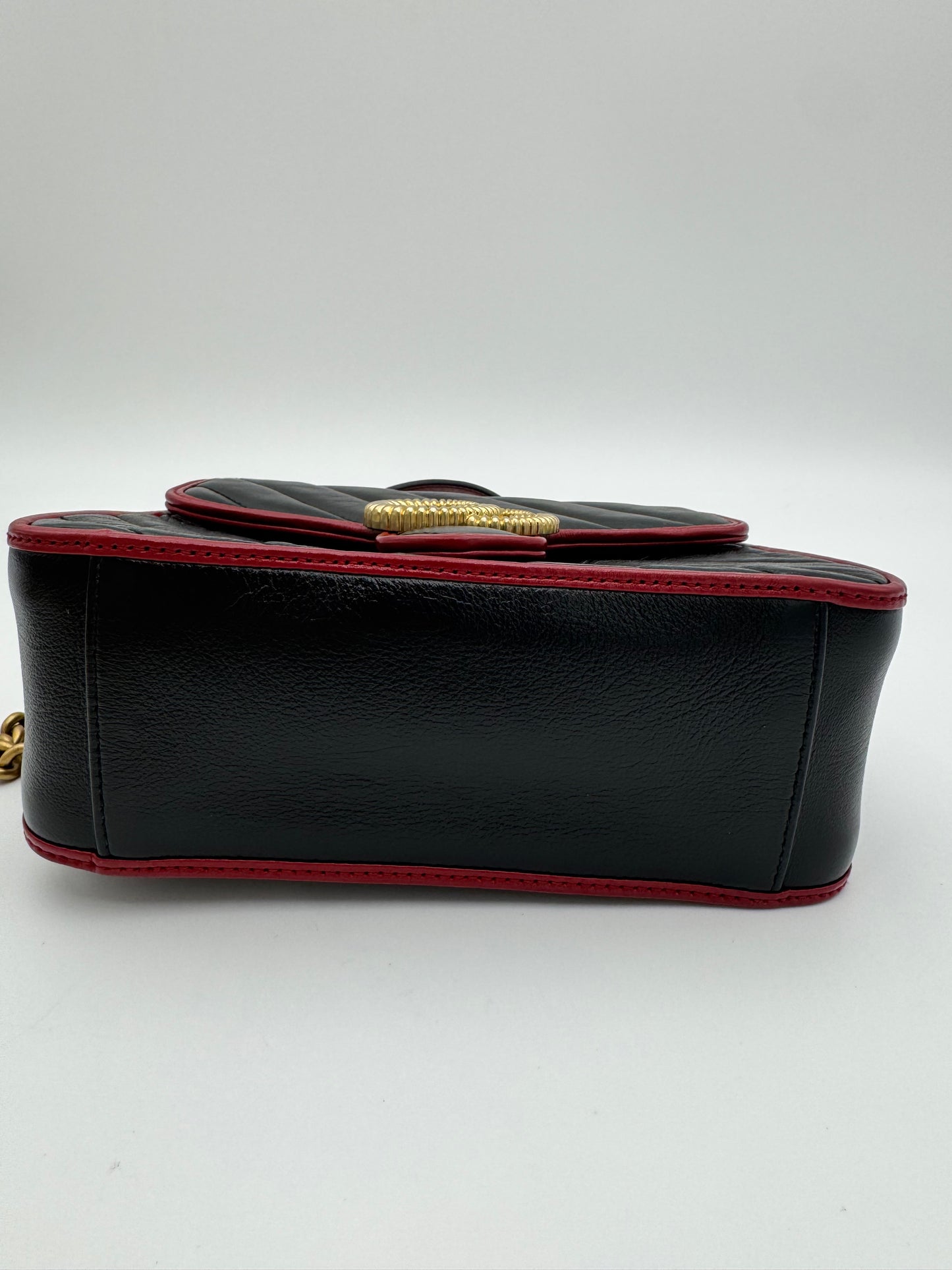 Gucci GG Marmont Torchon Mini Top Handle Bag - Black Quilted Leather with Cerise Red Trim