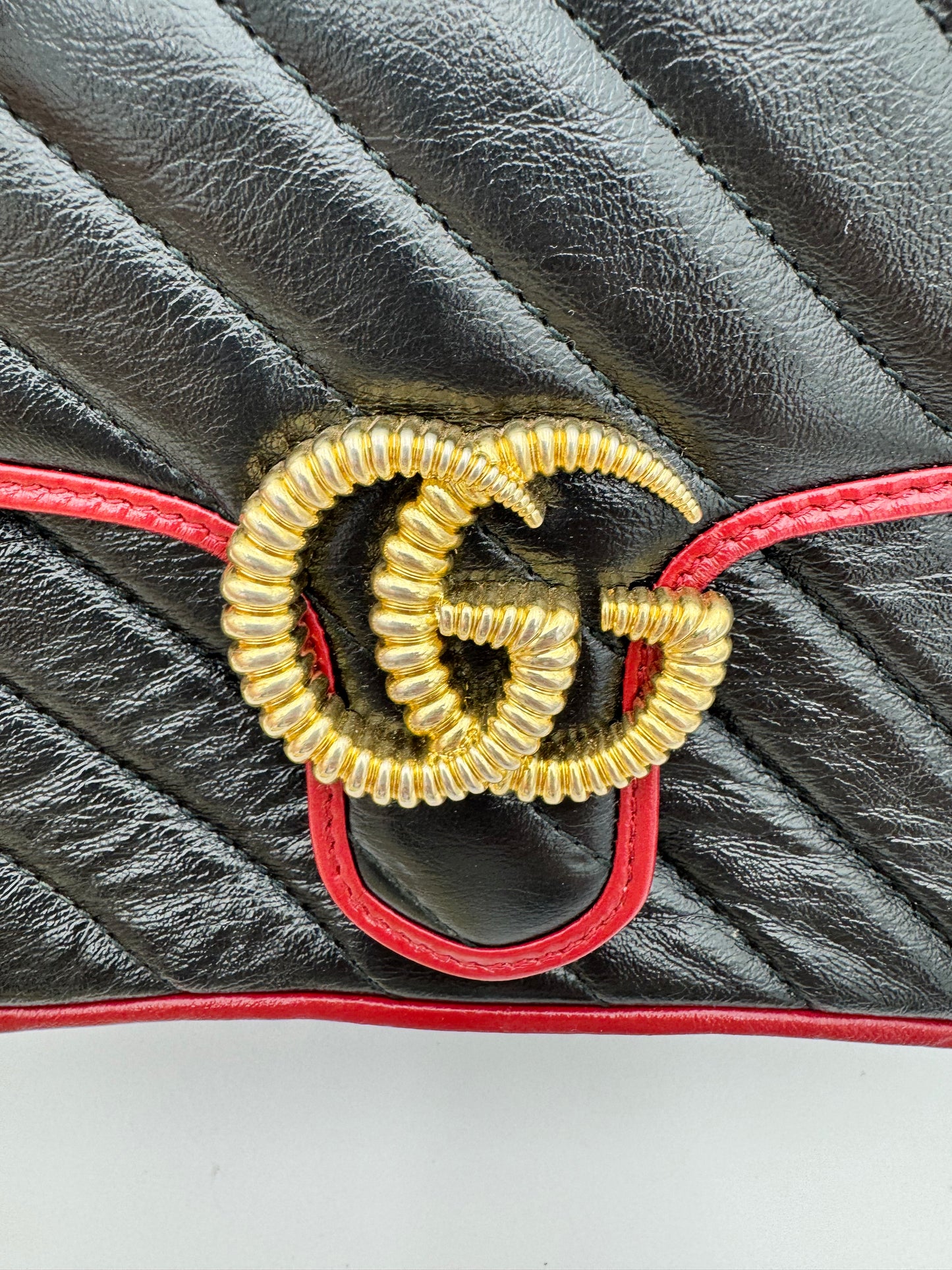 Gucci GG Marmont Torchon Mini Top Handle Bag - Black Quilted Leather with Cerise Red Trim
