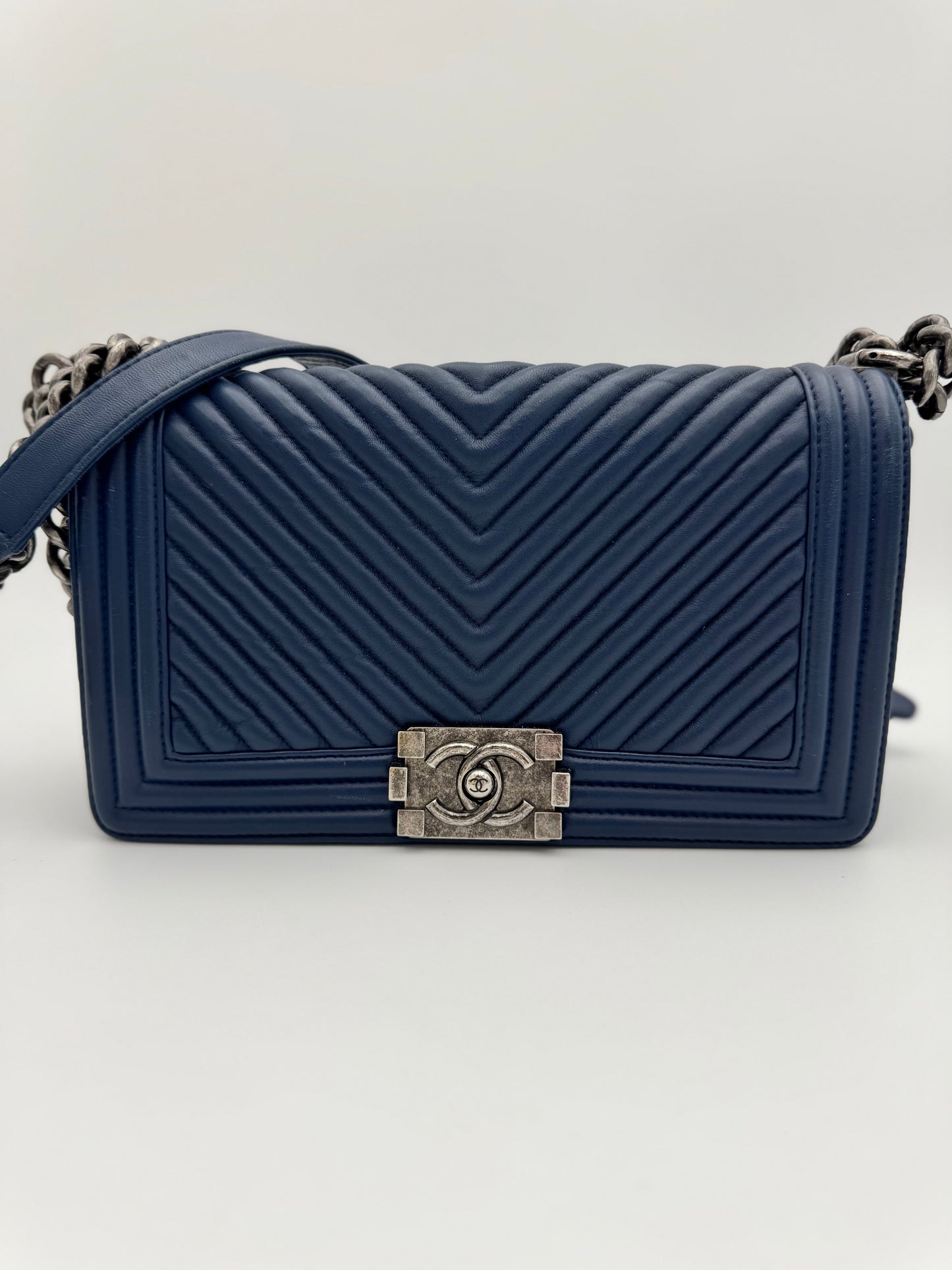 Chanel Old Medium Boy Flap Bag - Navy Blue Chevron Quilted Leather with Ruthenium Hardware