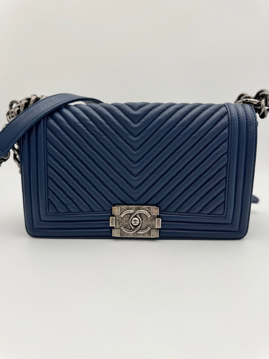 Chanel Old Medium Boy Flap Bag - Navy Blue Chevron Quilted Leather with Ruthenium Hardware
