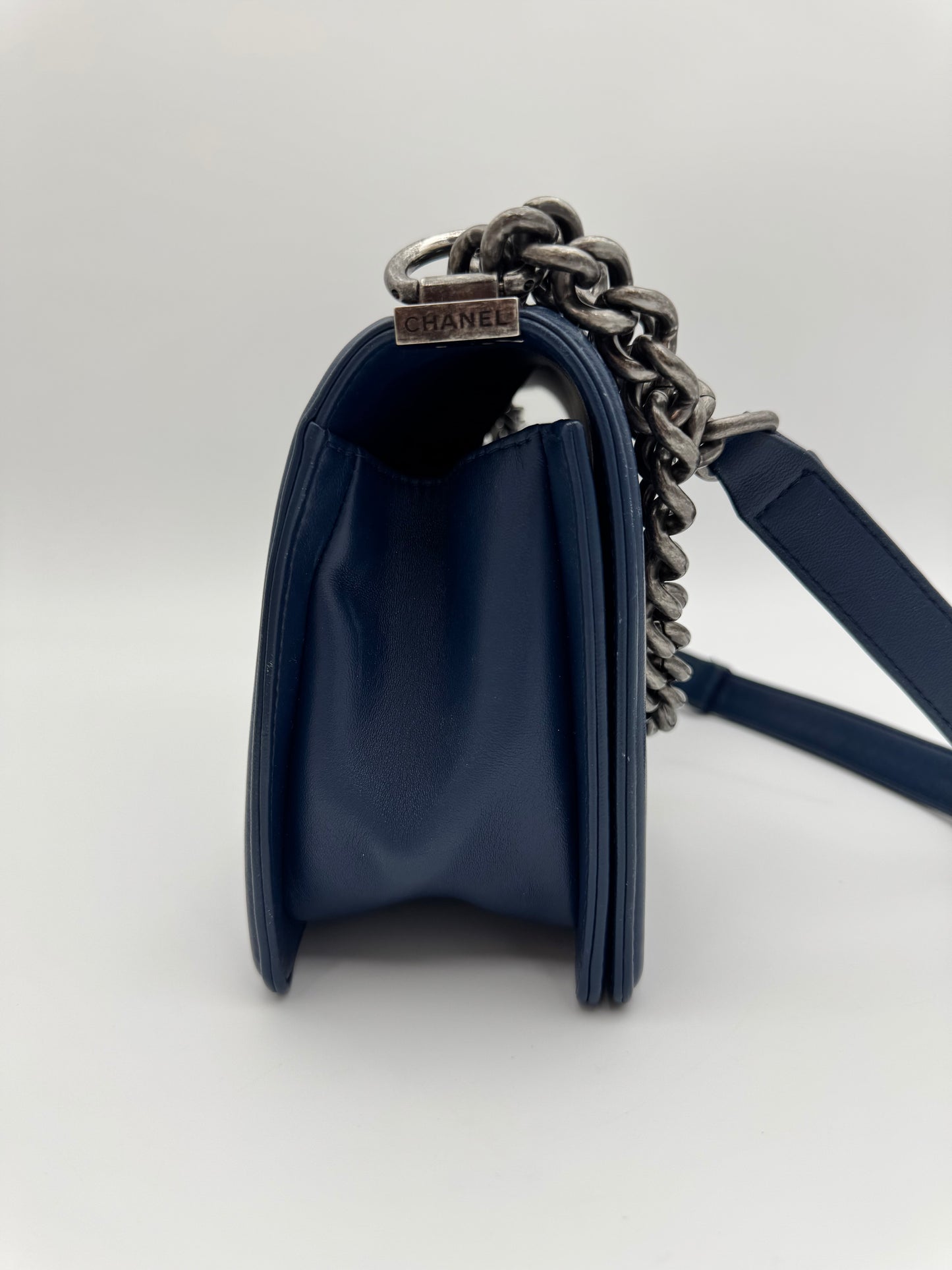 Chanel Old Medium Boy Flap Bag - Navy Blue Chevron Quilted Leather with Ruthenium Hardware