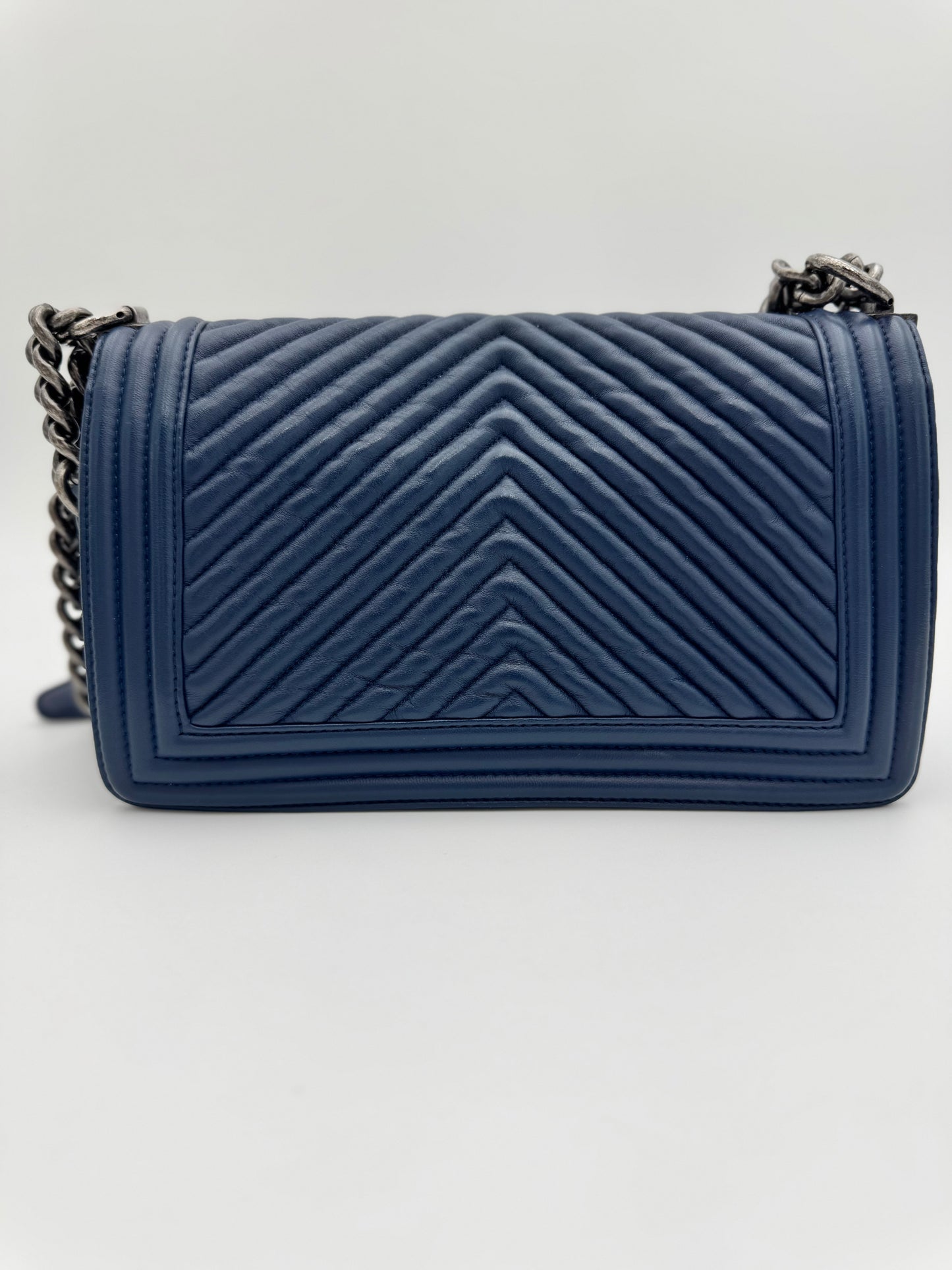 Chanel Old Medium Boy Flap Bag - Navy Blue Chevron Quilted Leather with Ruthenium Hardware