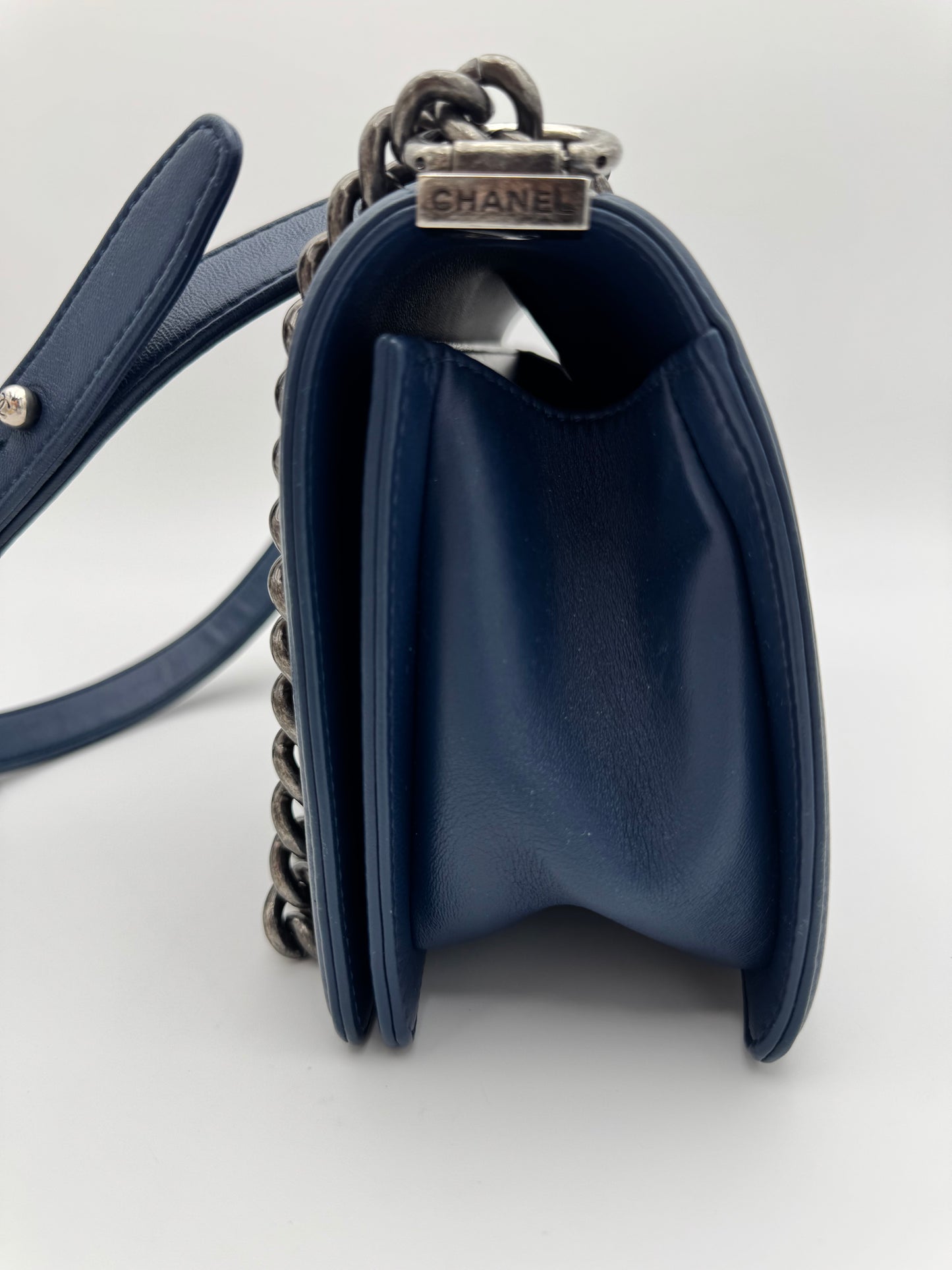 Chanel Old Medium Boy Flap Bag - Navy Blue Chevron Quilted Leather with Ruthenium Hardware