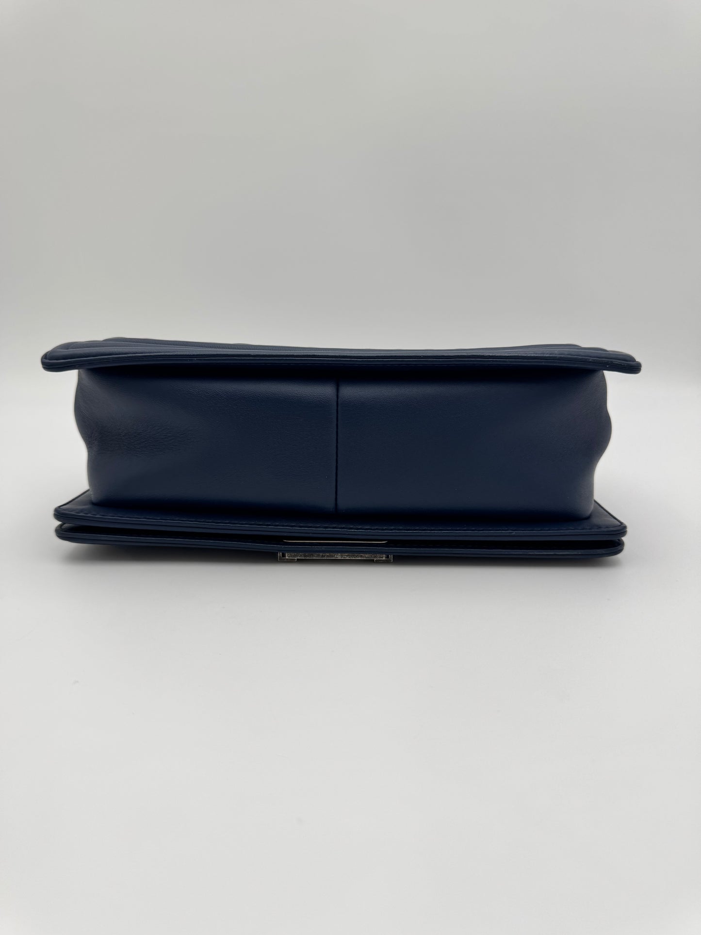 Chanel Old Medium Boy Flap Bag - Navy Blue Chevron Quilted Leather with Ruthenium Hardware