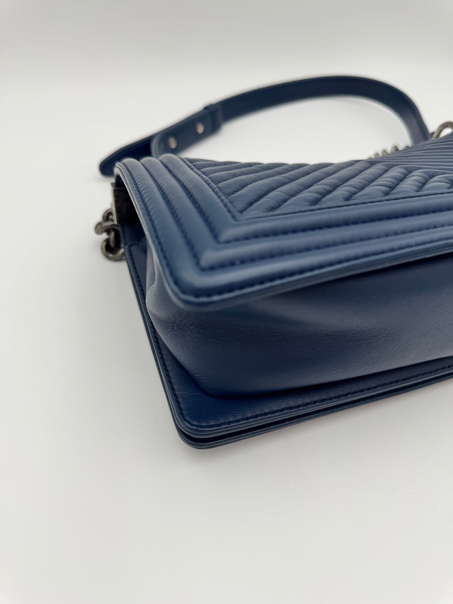 Chanel Old Medium Boy Flap Bag - Navy Blue Chevron Quilted Leather with Ruthenium Hardware