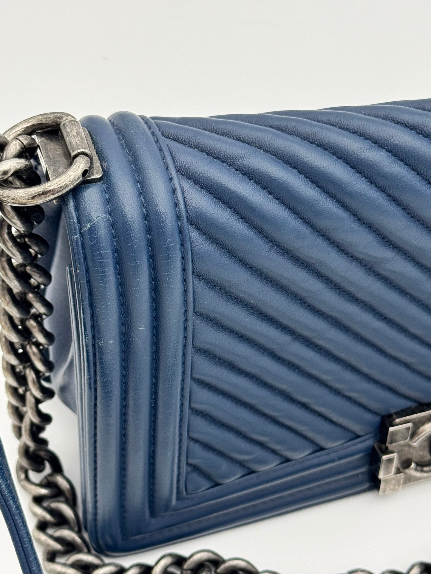 Chanel Old Medium Boy Flap Bag - Navy Blue Chevron Quilted Leather with Ruthenium Hardware